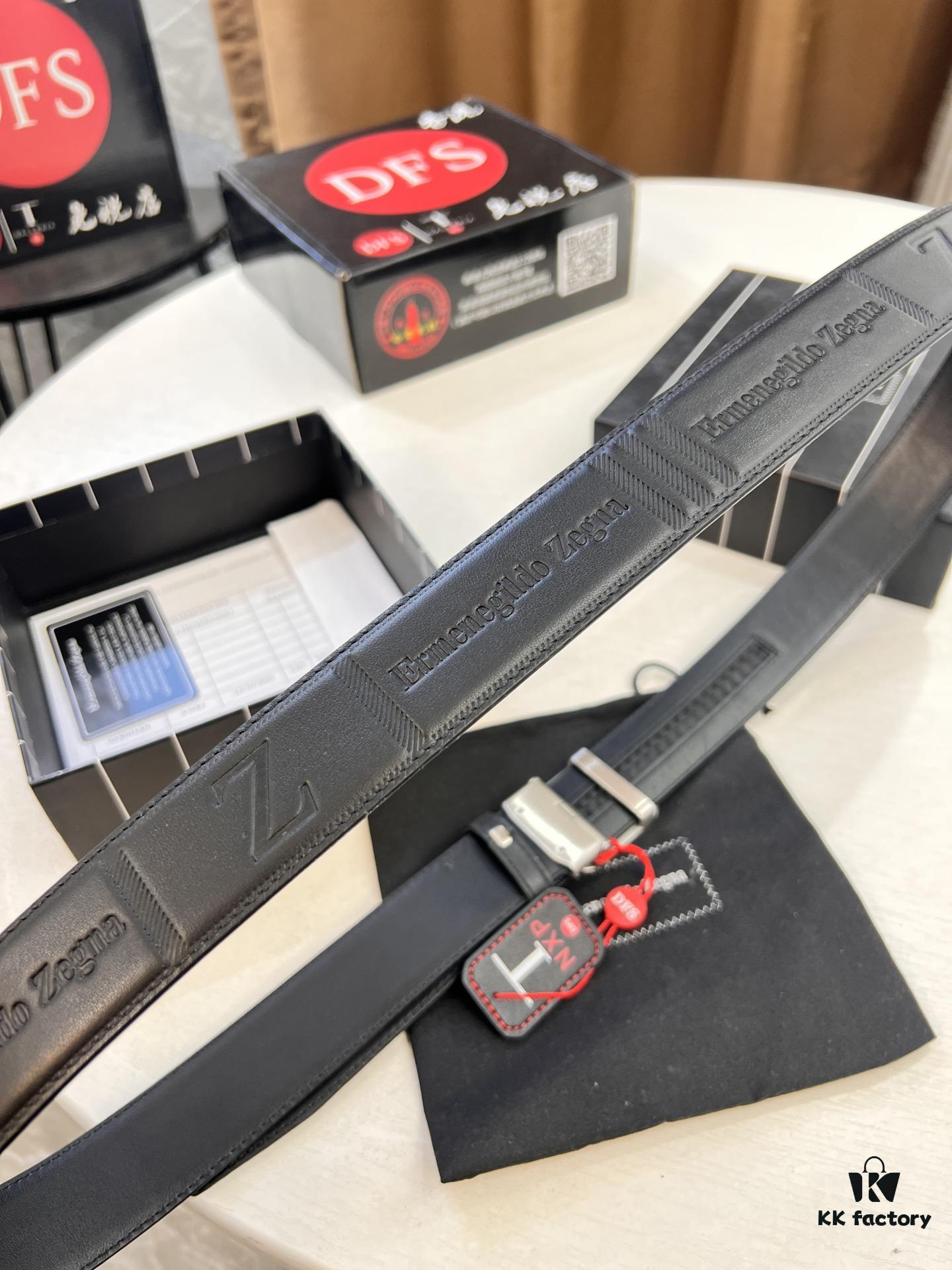 Zegna Original Factory Order, Hong Kong Tax-Free Gift Box (NXP Tag with Website-Verifiable Genuine Anti-Counterfeit Chip), Z-Shaped Buckle Stainless Steel Hardware, Automatic Pulley Series, Top-Tier Leather Belt Supporting Authentication