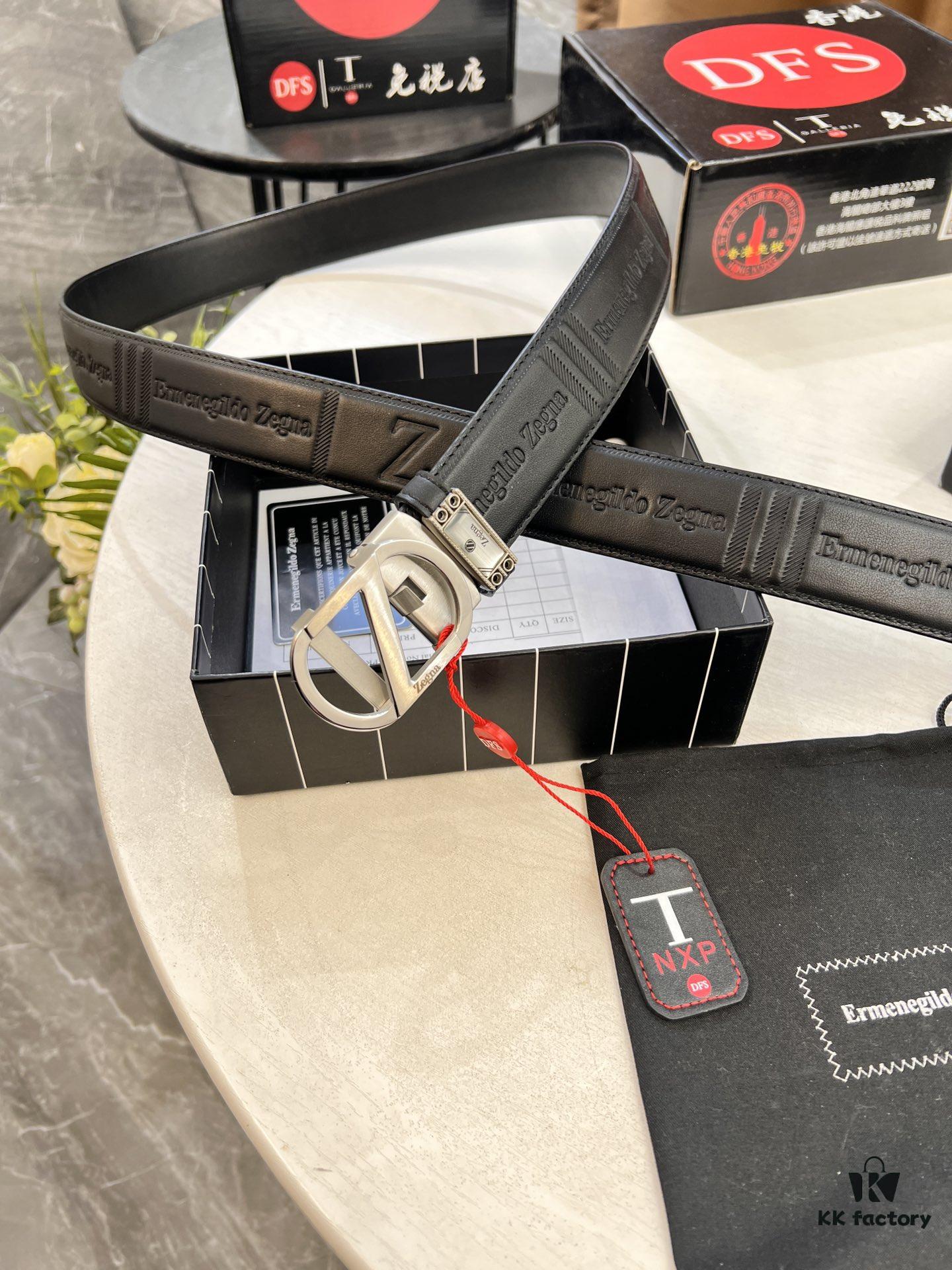 Zegna Original Factory Order, Hong Kong Tax-Free Gift Box (NXP Tag with Website-Verifiable Genuine Anti-Counterfeit Chip), Z-Shaped Buckle Stainless Steel Hardware, Automatic Pulley Series, Top-Tier Leather Belt Supporting Authentication