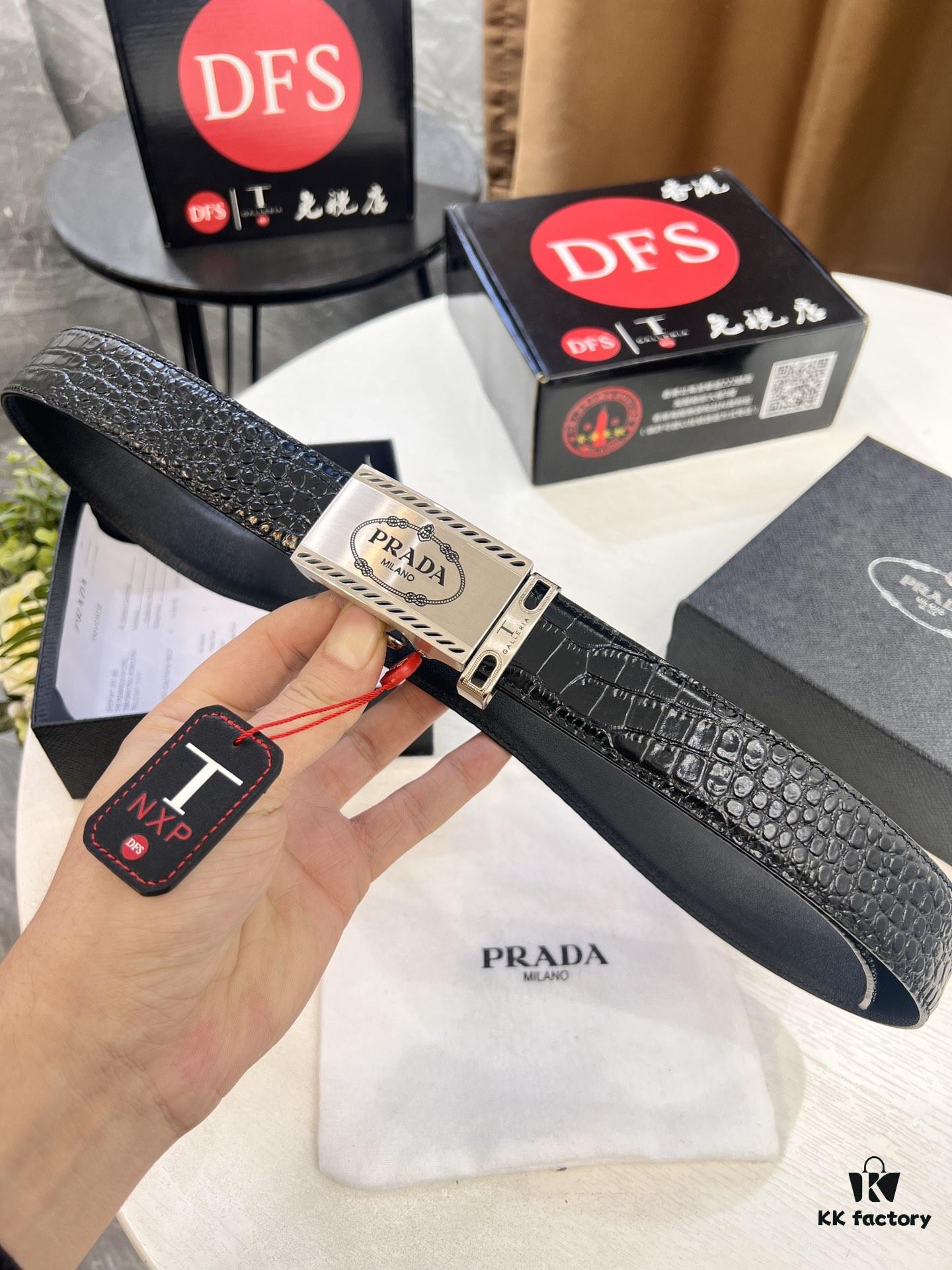 Prada Automatic Buckle Belt, Premium Crocodile-Textured Top Layer Imported Leather, 3.5cm Width, Smooth Slide Closure, Polished Black Coated Stainless Steel Hardware
