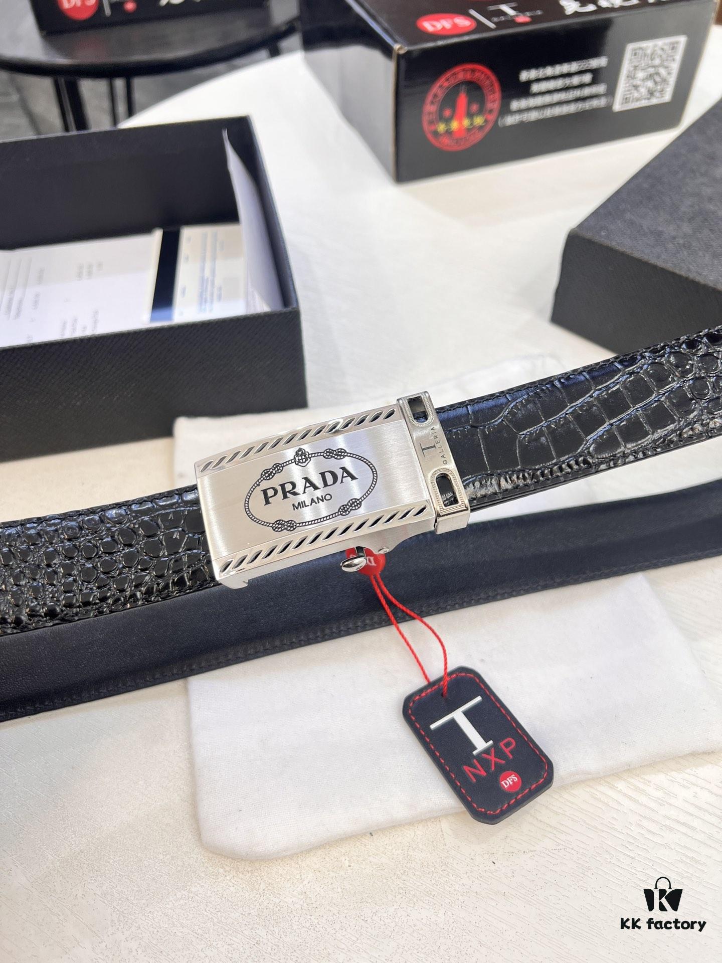 Prada Automatic Buckle Belt, Premium Crocodile-Textured Top Layer Imported Leather, 3.5cm Width, Smooth Slide Closure, Polished Black Coated Stainless Steel Hardware