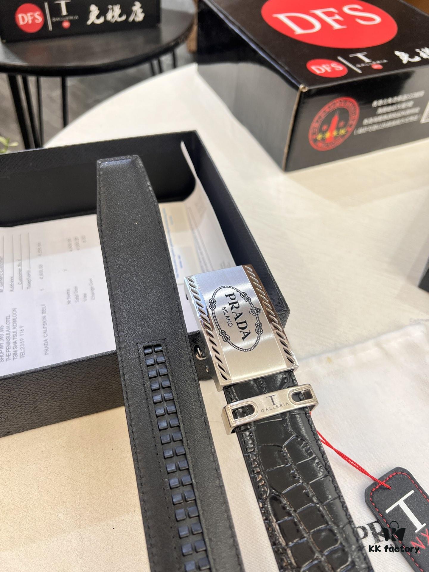 Prada Automatic Buckle Belt, Premium Crocodile-Textured Top Layer Imported Leather, 3.5cm Width, Smooth Slide Closure, Polished Black Coated Stainless Steel Hardware