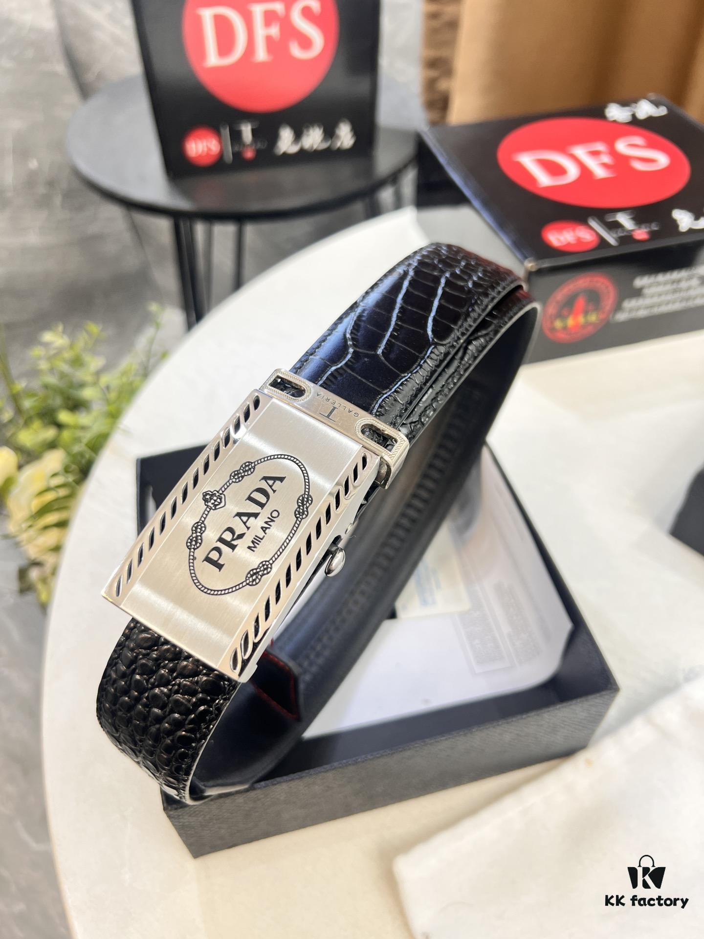 Prada Automatic Buckle Belt, Premium Crocodile-Textured Top Layer Imported Leather, 3.5cm Width, Smooth Slide Closure, Polished Black Coated Stainless Steel Hardware