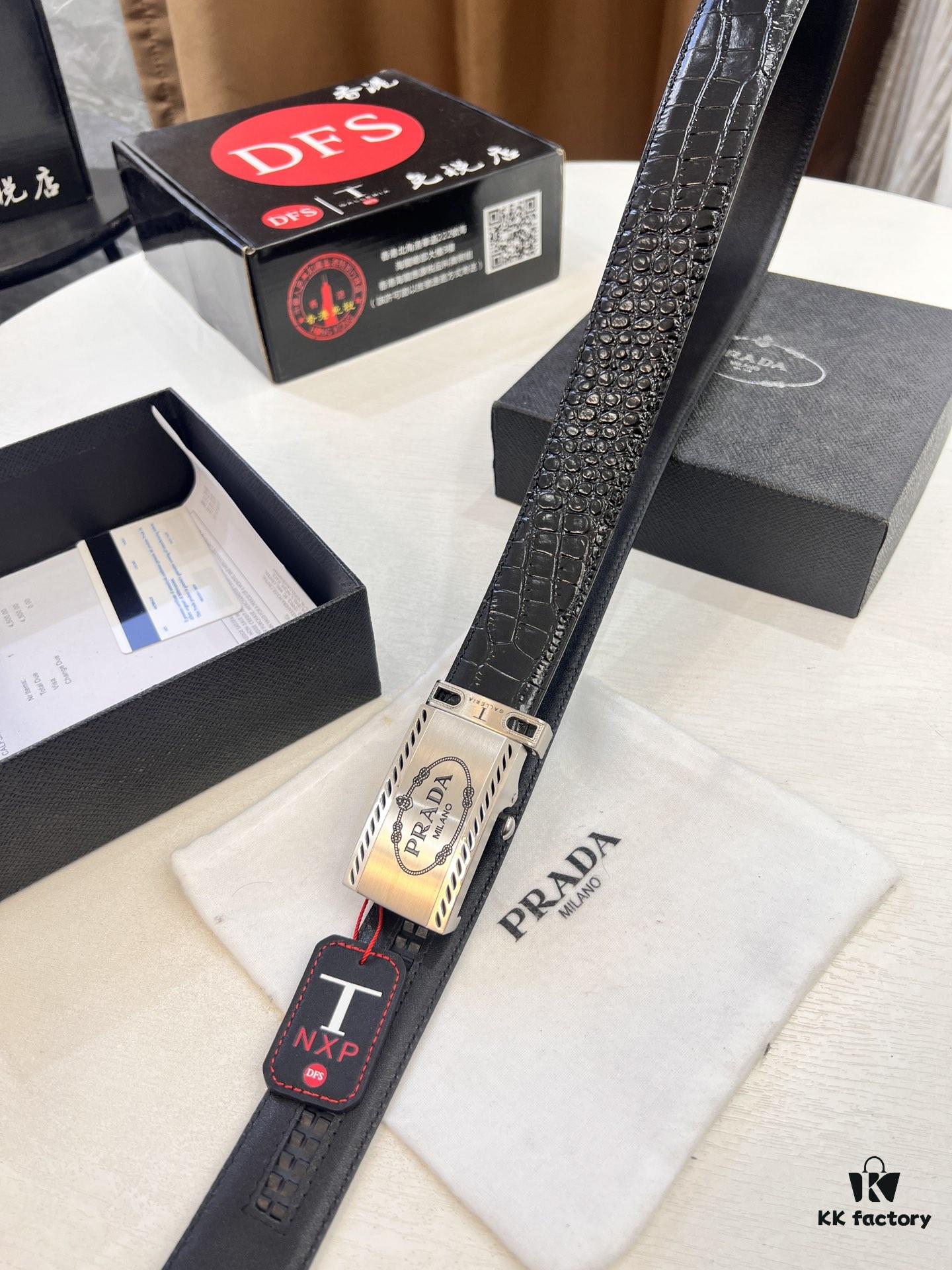 Prada Automatic Buckle Belt, Premium Crocodile-Textured Top Layer Imported Leather, 3.5cm Width, Smooth Slide Closure, Polished Black Coated Stainless Steel Hardware