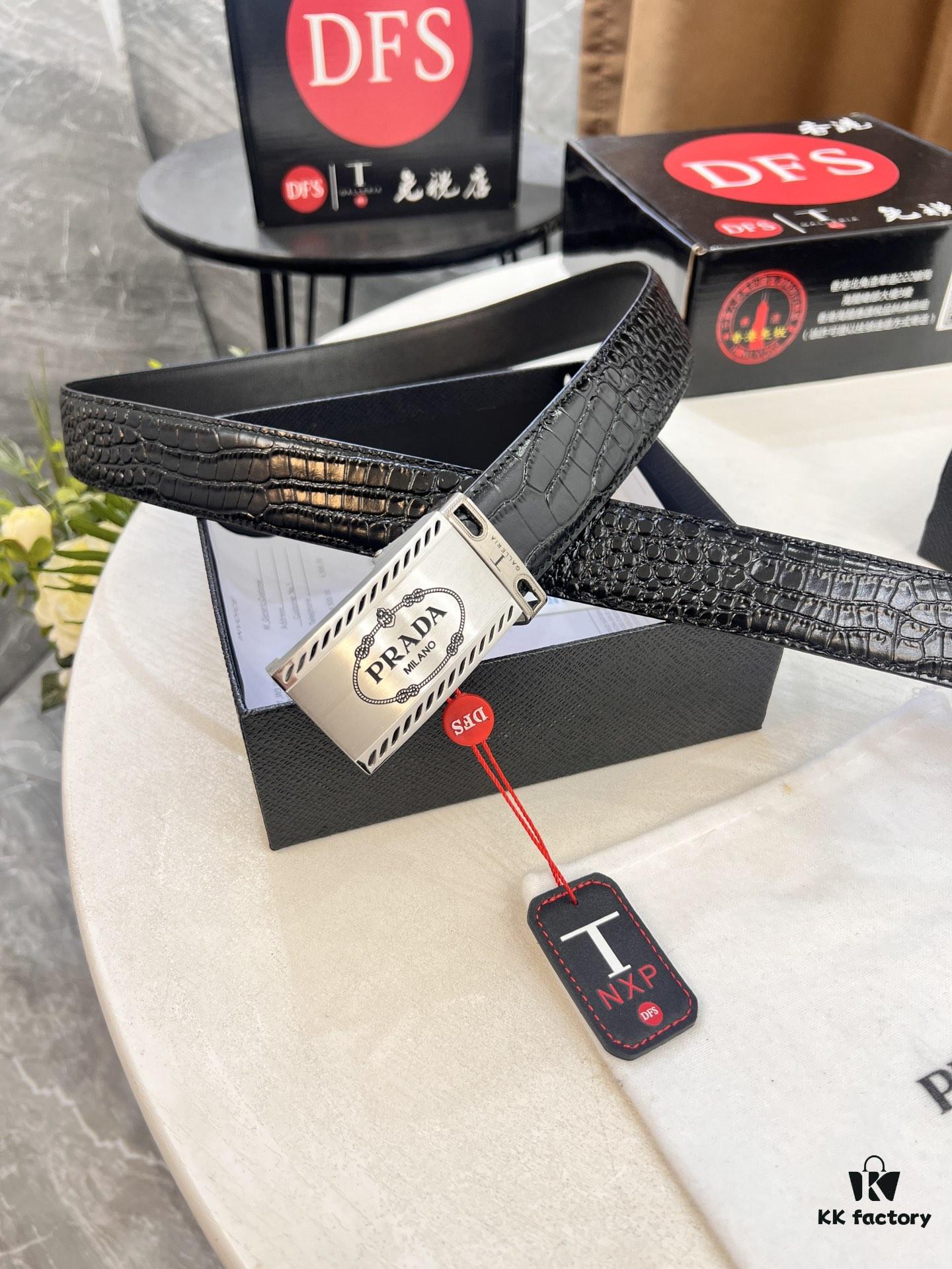 Prada Automatic Buckle Belt, Premium Crocodile-Textured Top Layer Imported Leather, 3.5cm Width, Smooth Slide Closure, Polished Black Coated Stainless Steel Hardware