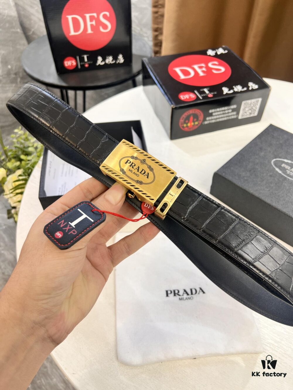 Prada Automatic Buckle Belt, Premium Calfskin with Crocodile Texture, 3.5 cm Width, Top-Quality Business Leather Belt