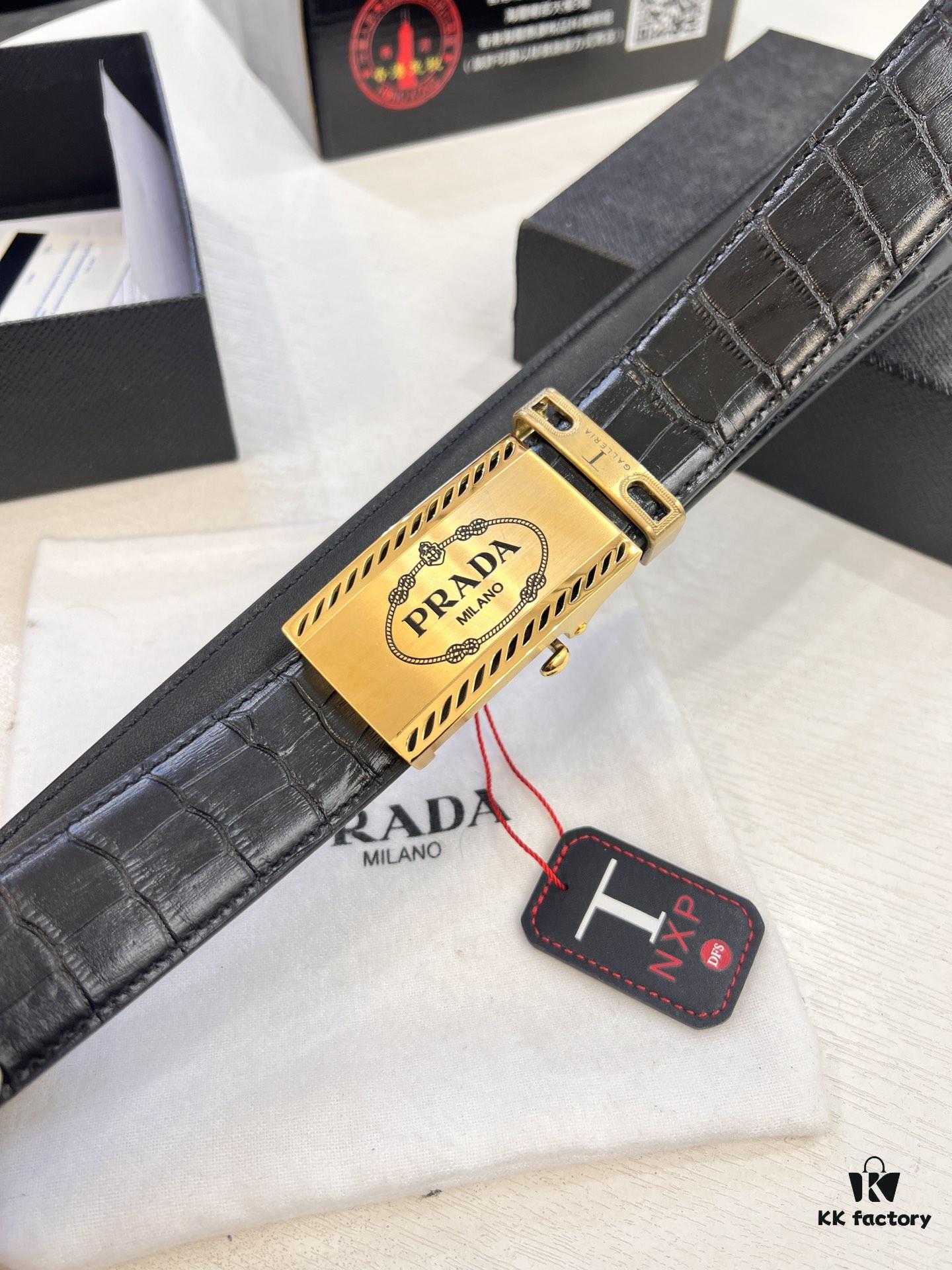 Prada Automatic Buckle Belt, Premium Calfskin with Crocodile Texture, 3.5 cm Width, Top-Quality Business Leather Belt