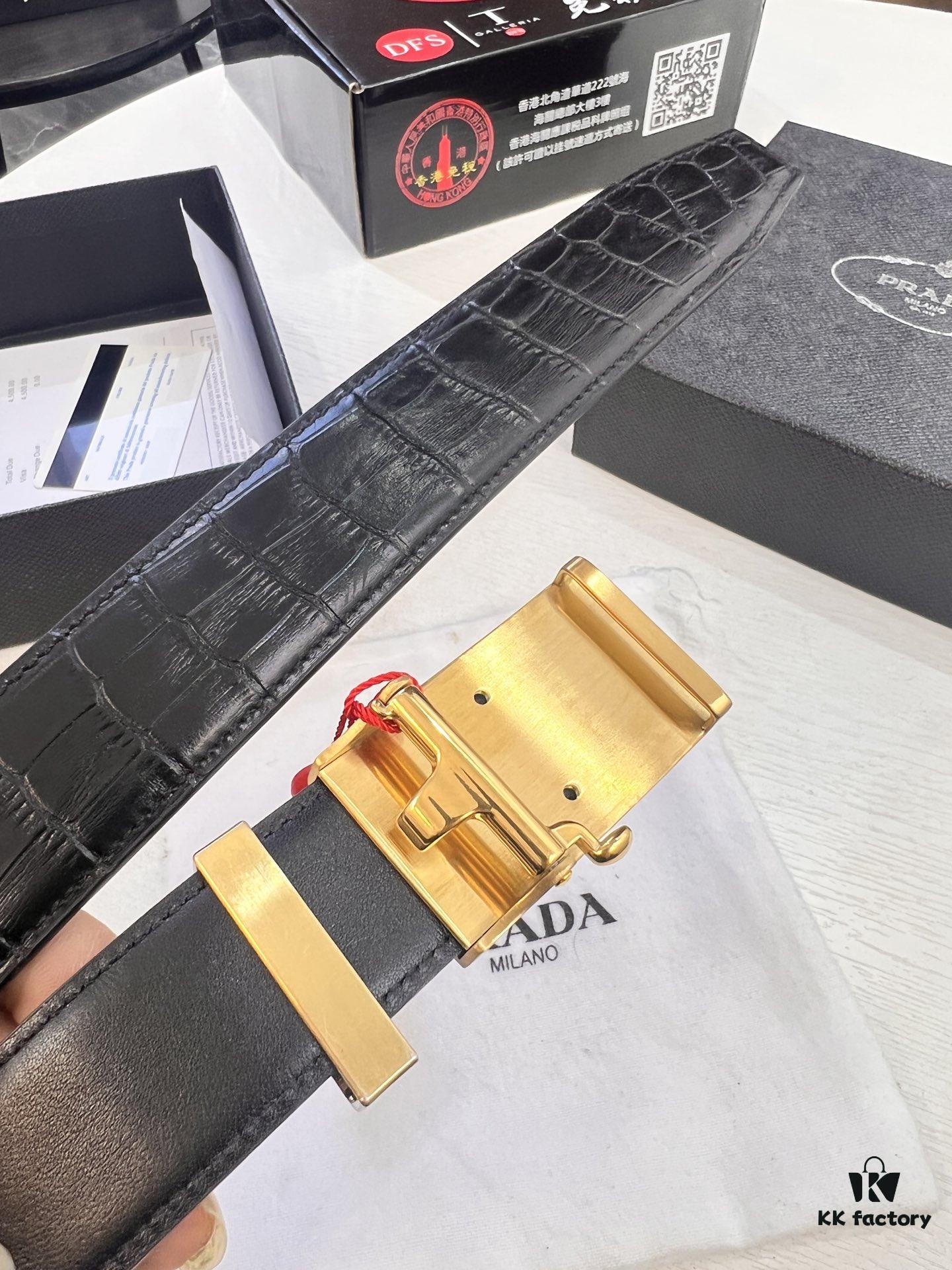 Prada Automatic Buckle Belt, Premium Calfskin with Crocodile Texture, 3.5 cm Width, Top-Quality Business Leather Belt