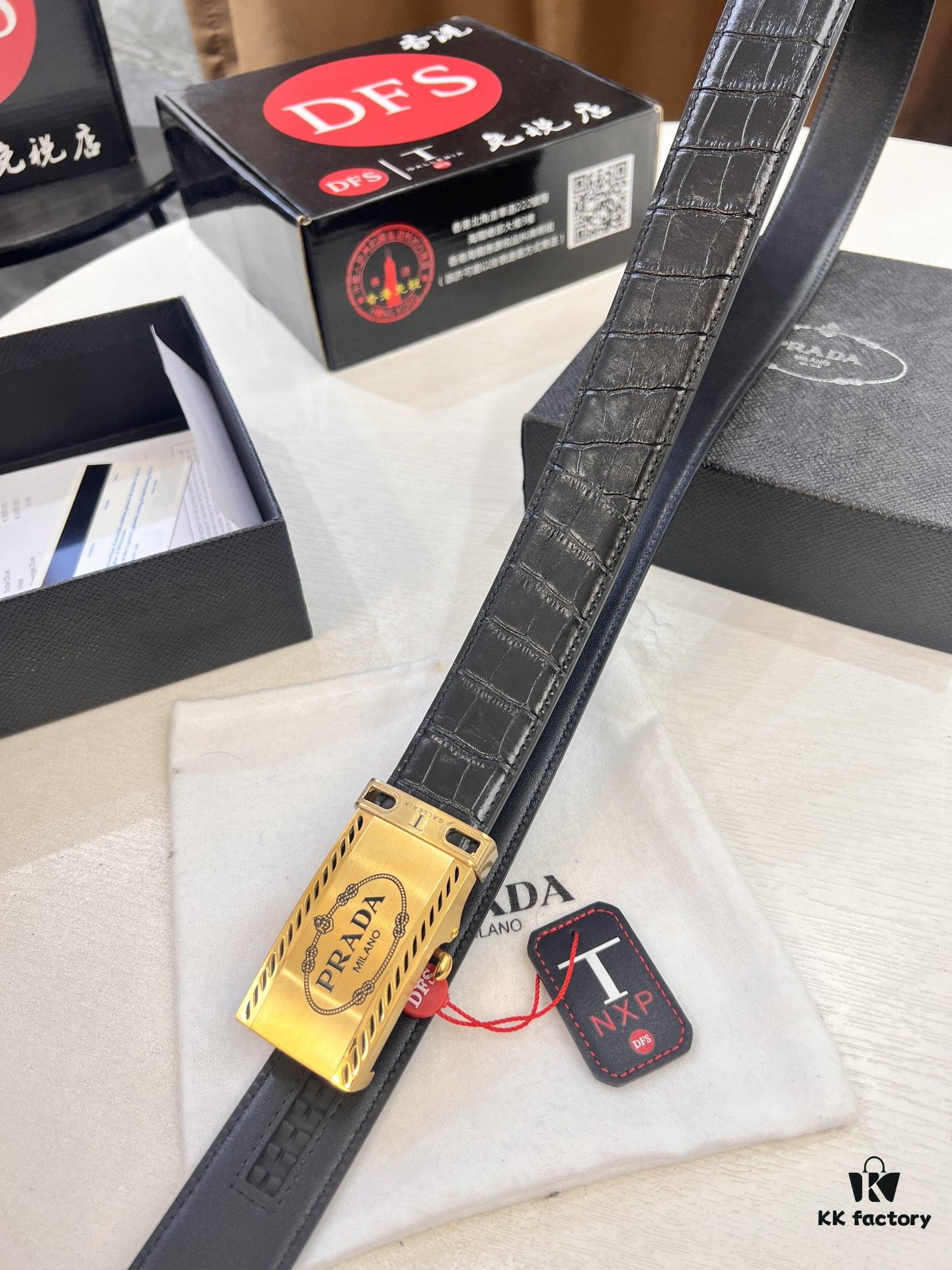 Prada Automatic Buckle Belt, Premium Calfskin with Crocodile Texture, 3.5 cm Width, Top-Quality Business Leather Belt