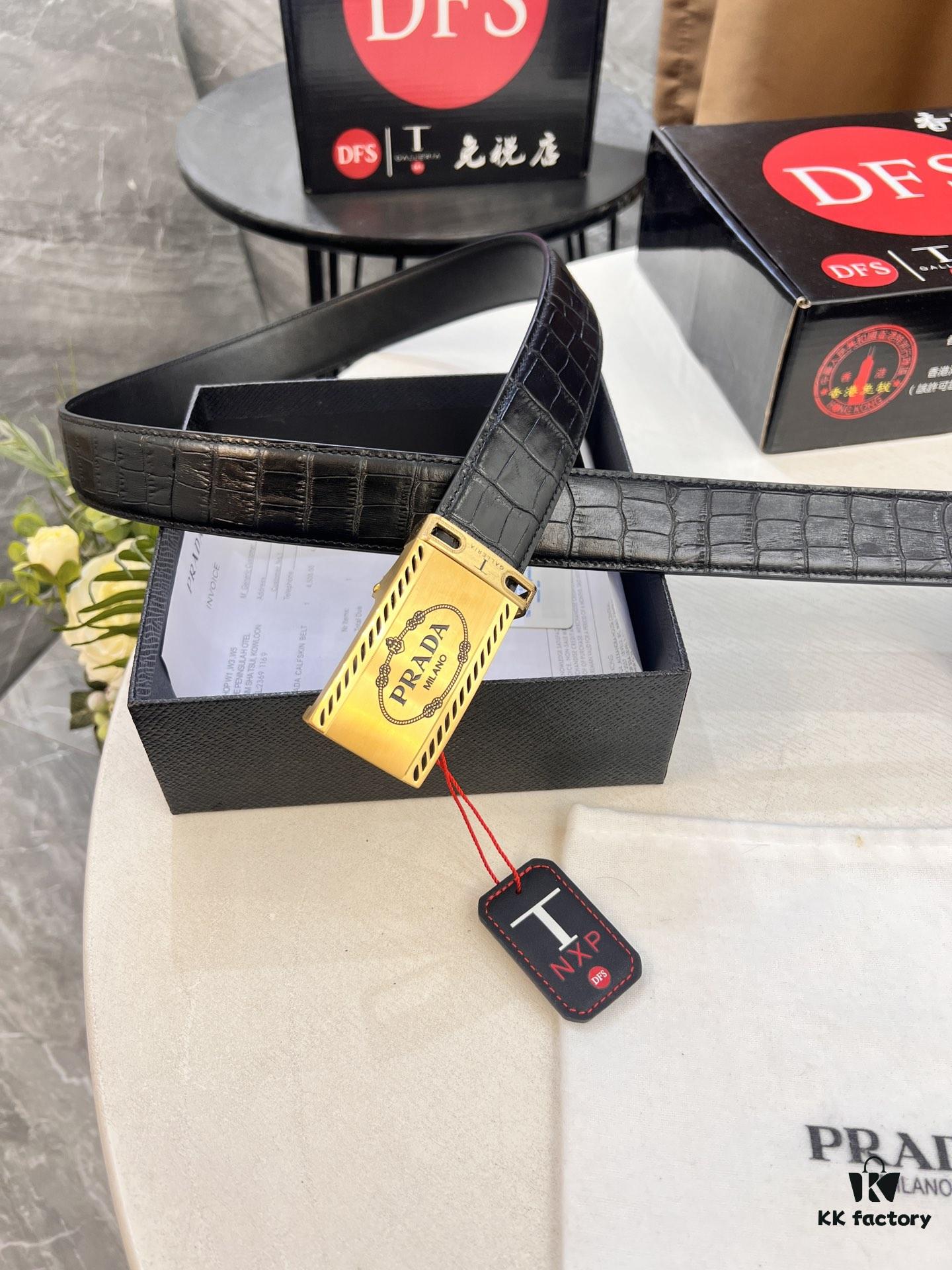 Prada Automatic Buckle Belt, Premium Calfskin with Crocodile Texture, 3.5 cm Width, Top-Quality Business Leather Belt