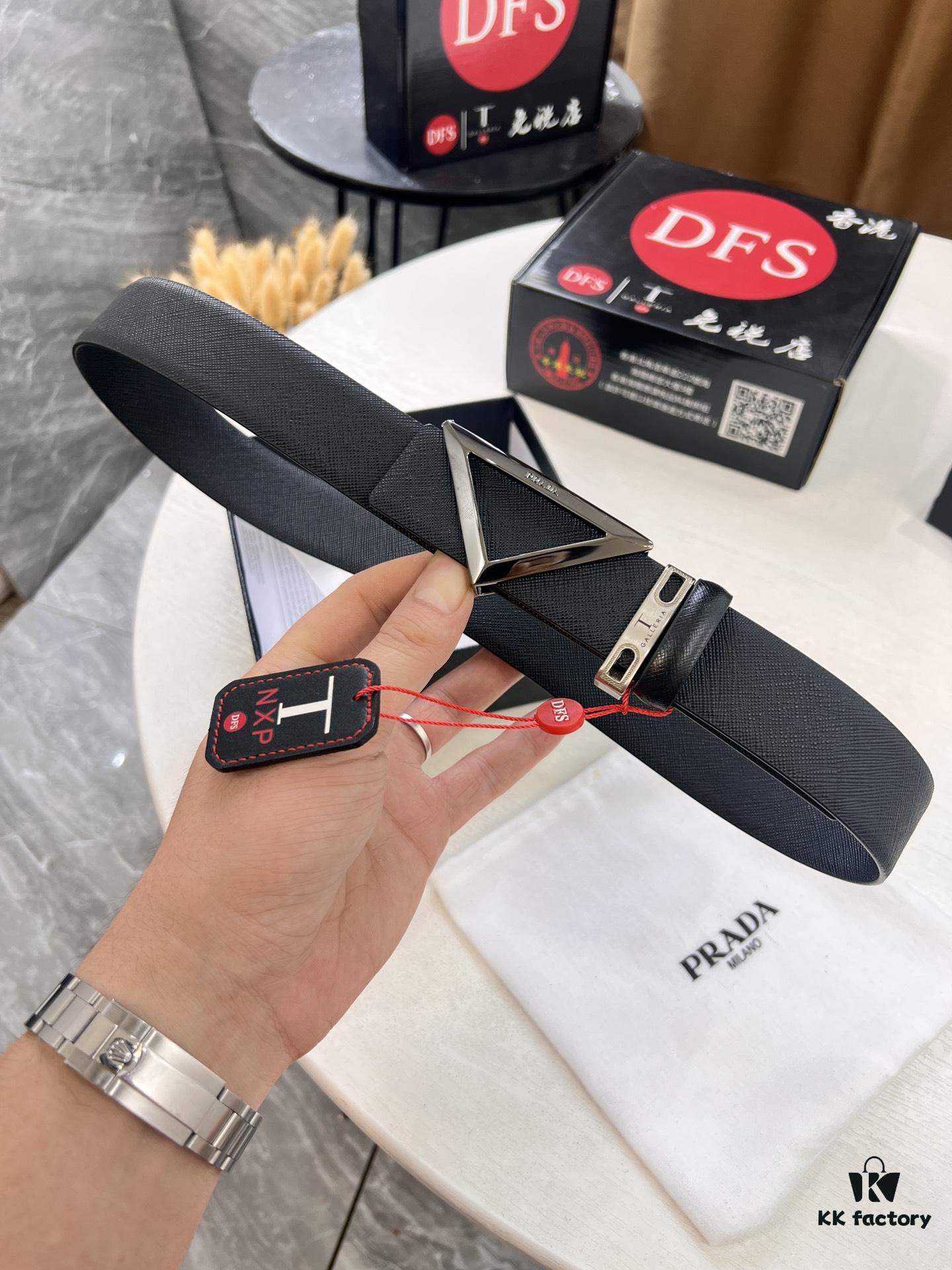 Prada-Inspired V, Hong Kong Duty-Free Gift Box (NXP RFID Tag Recognizable on Official Website, Authentic Anti-Counterfeit Chip) Triangle Hanging Buckle Hardware, Electroplated and Polished, Double-Sided Wear Unisex Belt