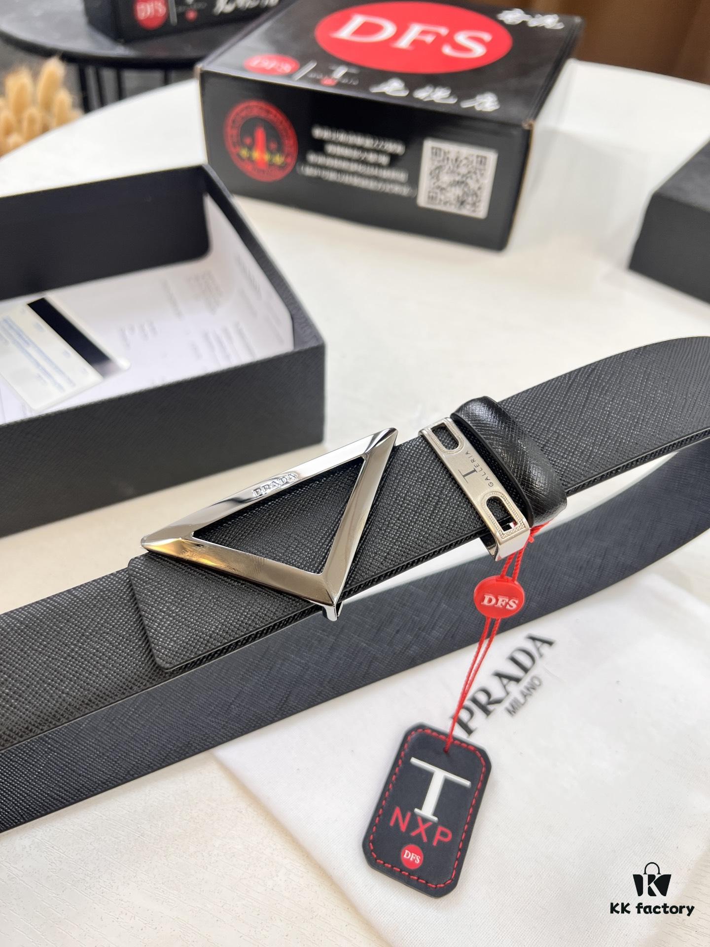 Prada-Inspired V, Hong Kong Duty-Free Gift Box (NXP RFID Tag Recognizable on Official Website, Authentic Anti-Counterfeit Chip) Triangle Hanging Buckle Hardware, Electroplated and Polished, Double-Sided Wear Unisex Belt