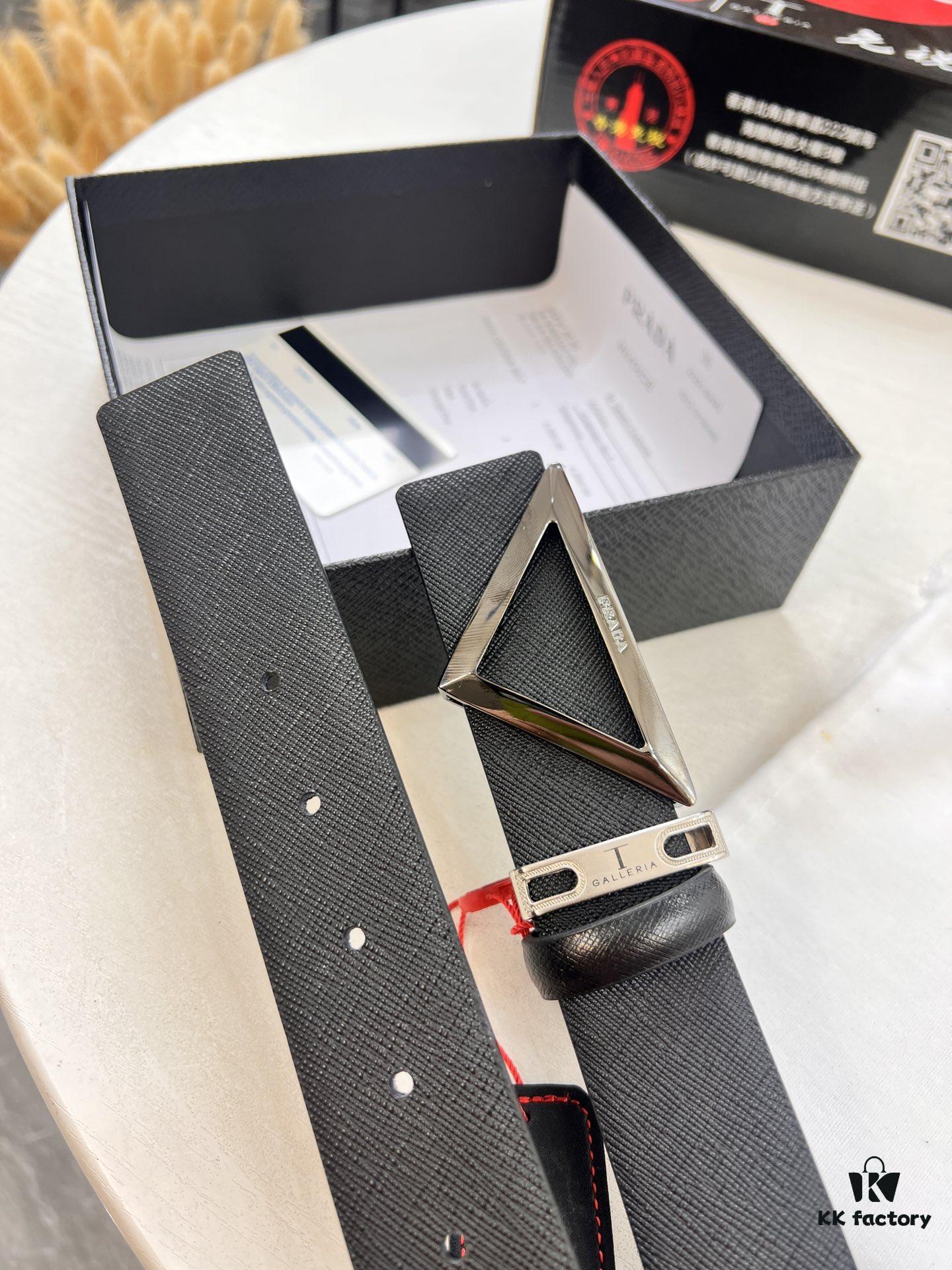 Prada-Inspired V, Hong Kong Duty-Free Gift Box (NXP RFID Tag Recognizable on Official Website, Authentic Anti-Counterfeit Chip) Triangle Hanging Buckle Hardware, Electroplated and Polished, Double-Sided Wear Unisex Belt