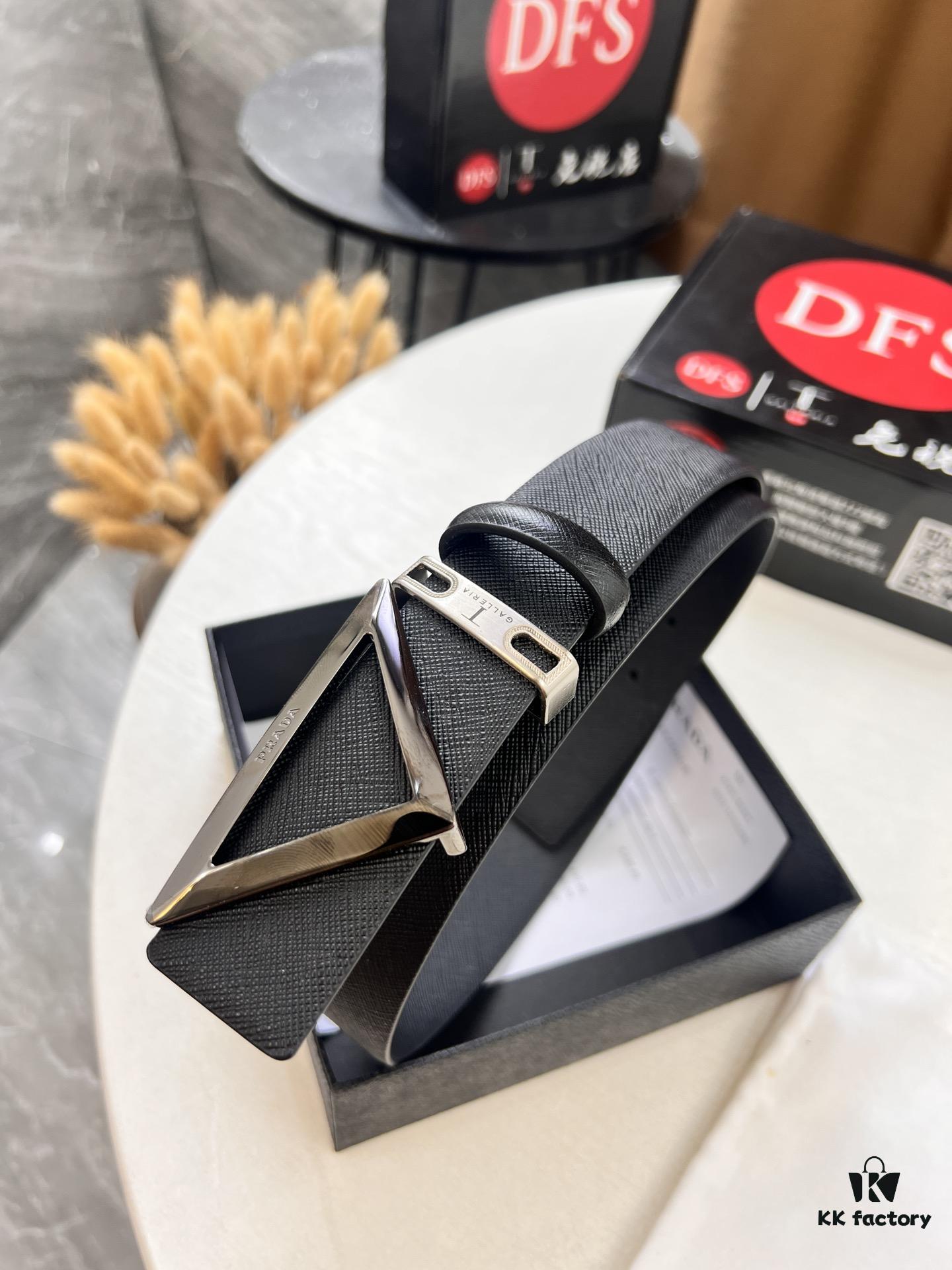 Prada-Inspired V, Hong Kong Duty-Free Gift Box (NXP RFID Tag Recognizable on Official Website, Authentic Anti-Counterfeit Chip) Triangle Hanging Buckle Hardware, Electroplated and Polished, Double-Sided Wear Unisex Belt