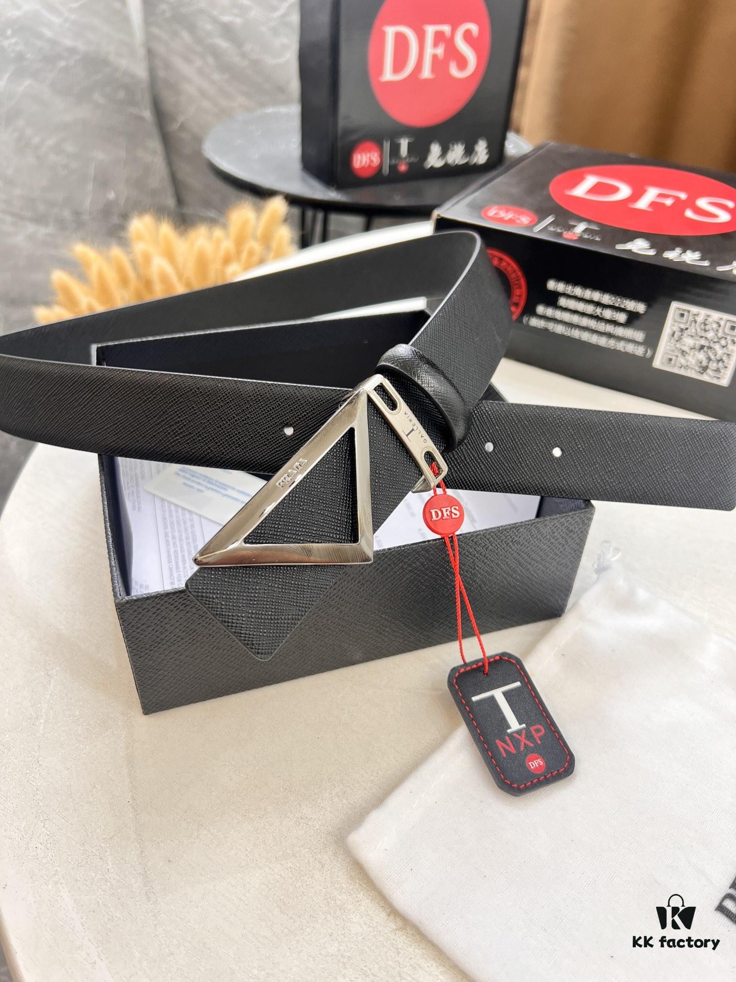 Prada-Inspired V, Hong Kong Duty-Free Gift Box (NXP RFID Tag Recognizable on Official Website, Authentic Anti-Counterfeit Chip) Triangle Hanging Buckle Hardware, Electroplated and Polished, Double-Sided Wear Unisex Belt