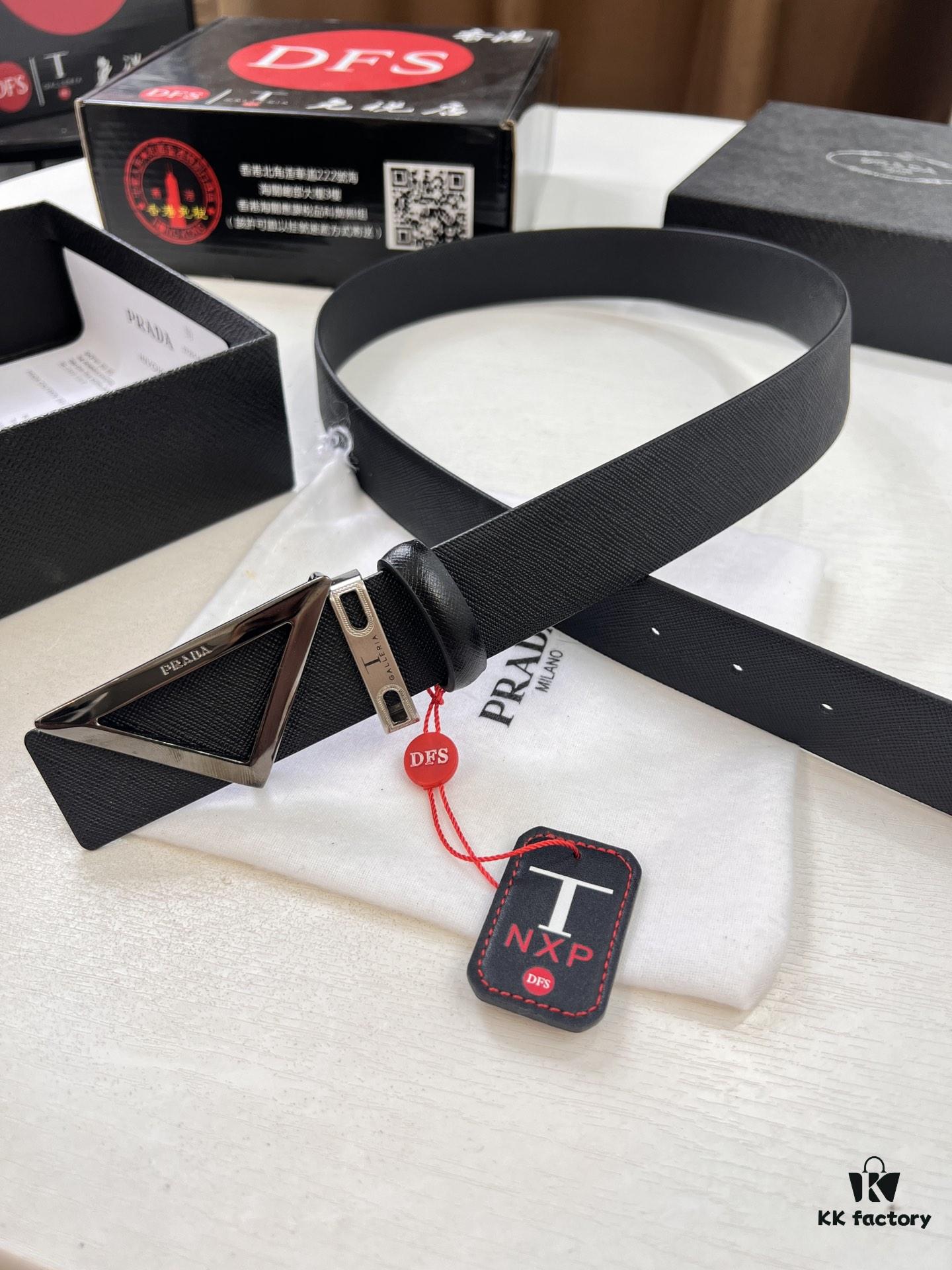 Prada-Inspired V, Hong Kong Duty-Free Gift Box (NXP RFID Tag Recognizable on Official Website, Authentic Anti-Counterfeit Chip) Triangle Hanging Buckle Hardware, Electroplated and Polished, Double-Sided Wear Unisex Belt