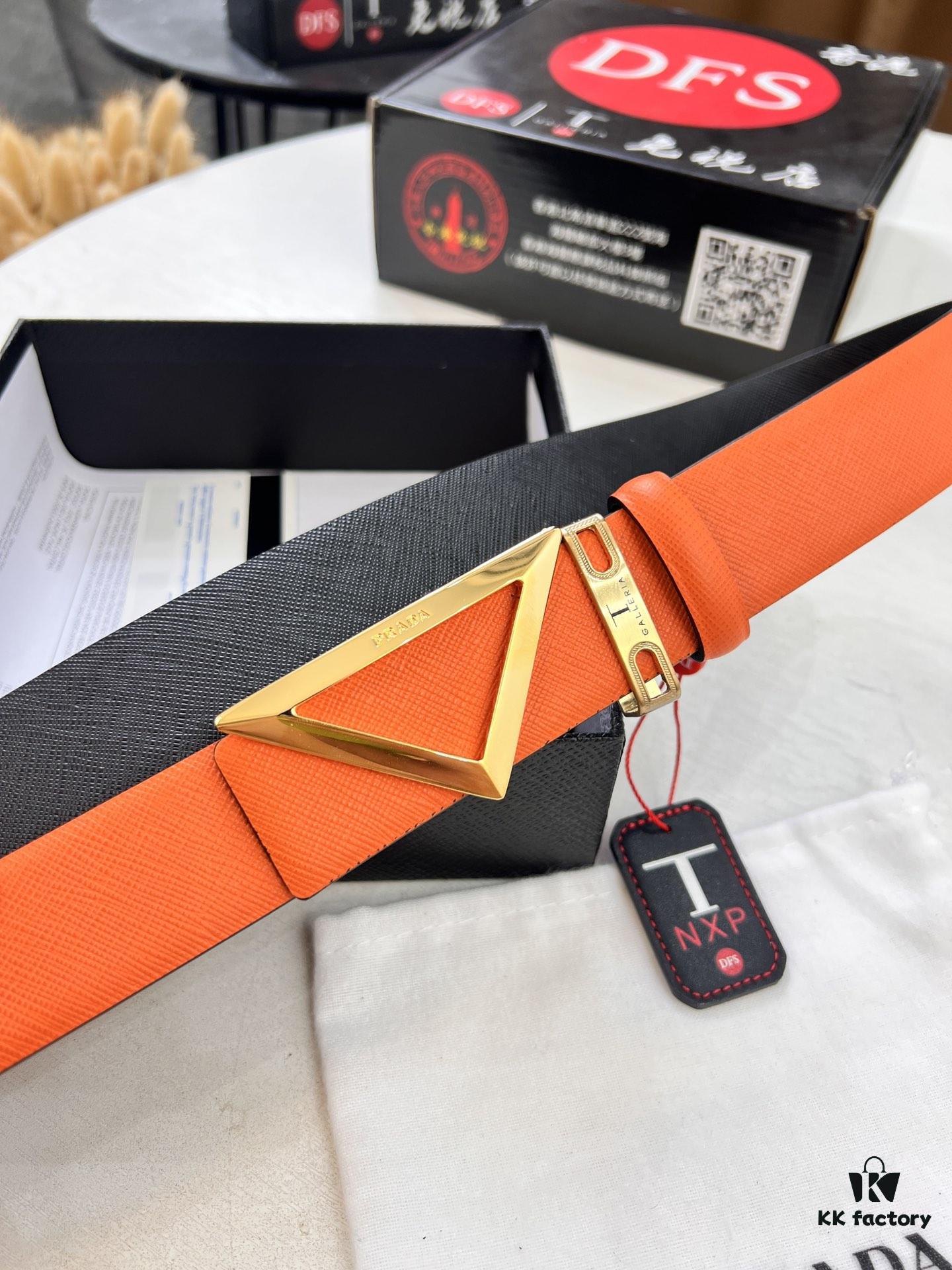 Prada-Inspired Belt, Hong Kong Duty-Free Gift Box (NXP RFID Tag Recognizable on Official Website, Authentic Anti-Counterfeit Chip), Triangle Buckle Metal Hardware, Electroplated and Polished Finish, Reversible Design Popular for Couples, Original Factory Production