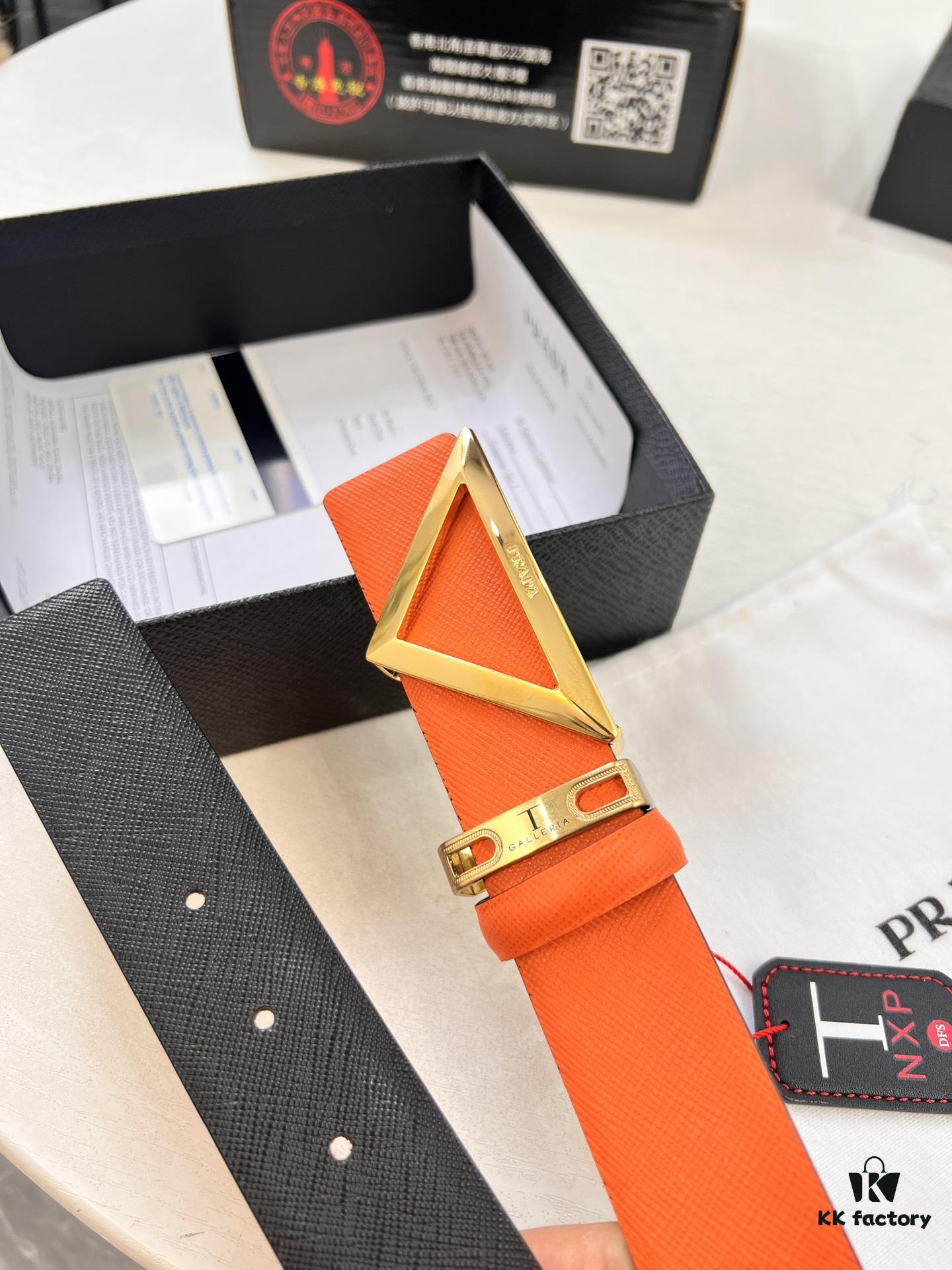 Prada-Inspired Belt, Hong Kong Duty-Free Gift Box (NXP RFID Tag Recognizable on Official Website, Authentic Anti-Counterfeit Chip), Triangle Buckle Metal Hardware, Electroplated and Polished Finish, Reversible Design Popular for Couples, Original Factory Production