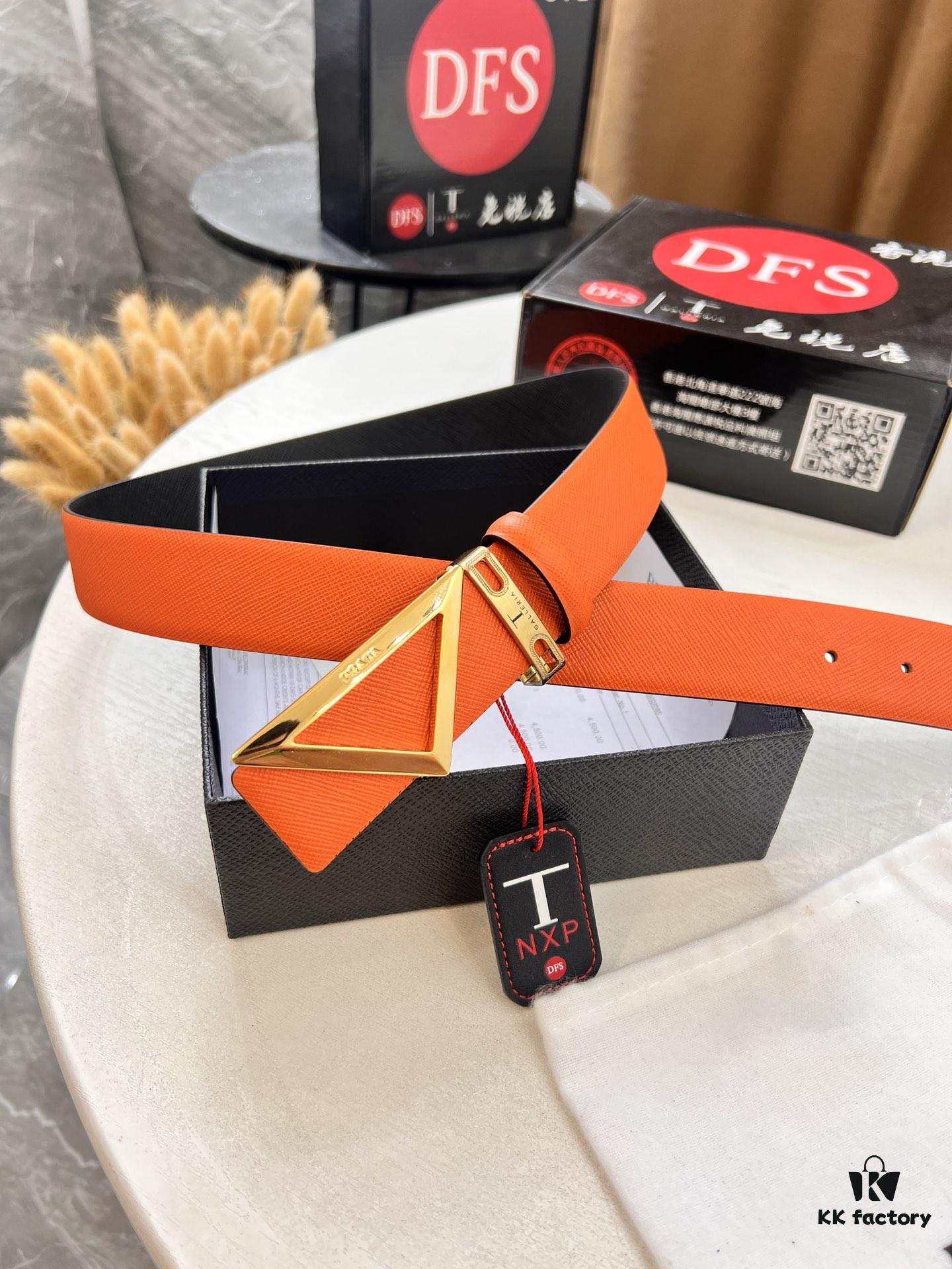 Prada-Inspired Belt, Hong Kong Duty-Free Gift Box (NXP RFID Tag Recognizable on Official Website, Authentic Anti-Counterfeit Chip), Triangle Buckle Metal Hardware, Electroplated and Polished Finish, Reversible Design Popular for Couples, Original Factory Production