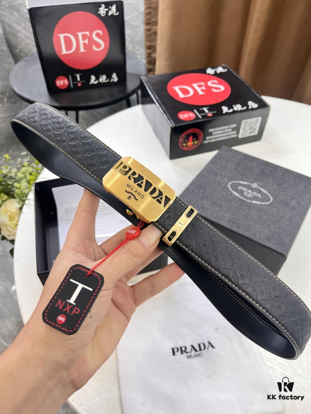 Prada Automatic Buckle Belt, Premium Top-Grain Imported Calfskin with Basketball Texture, 3.5 cm Width, Automatic Slide Track Closure, Polished Black Rubber-Coated Stainless Steel Hardware