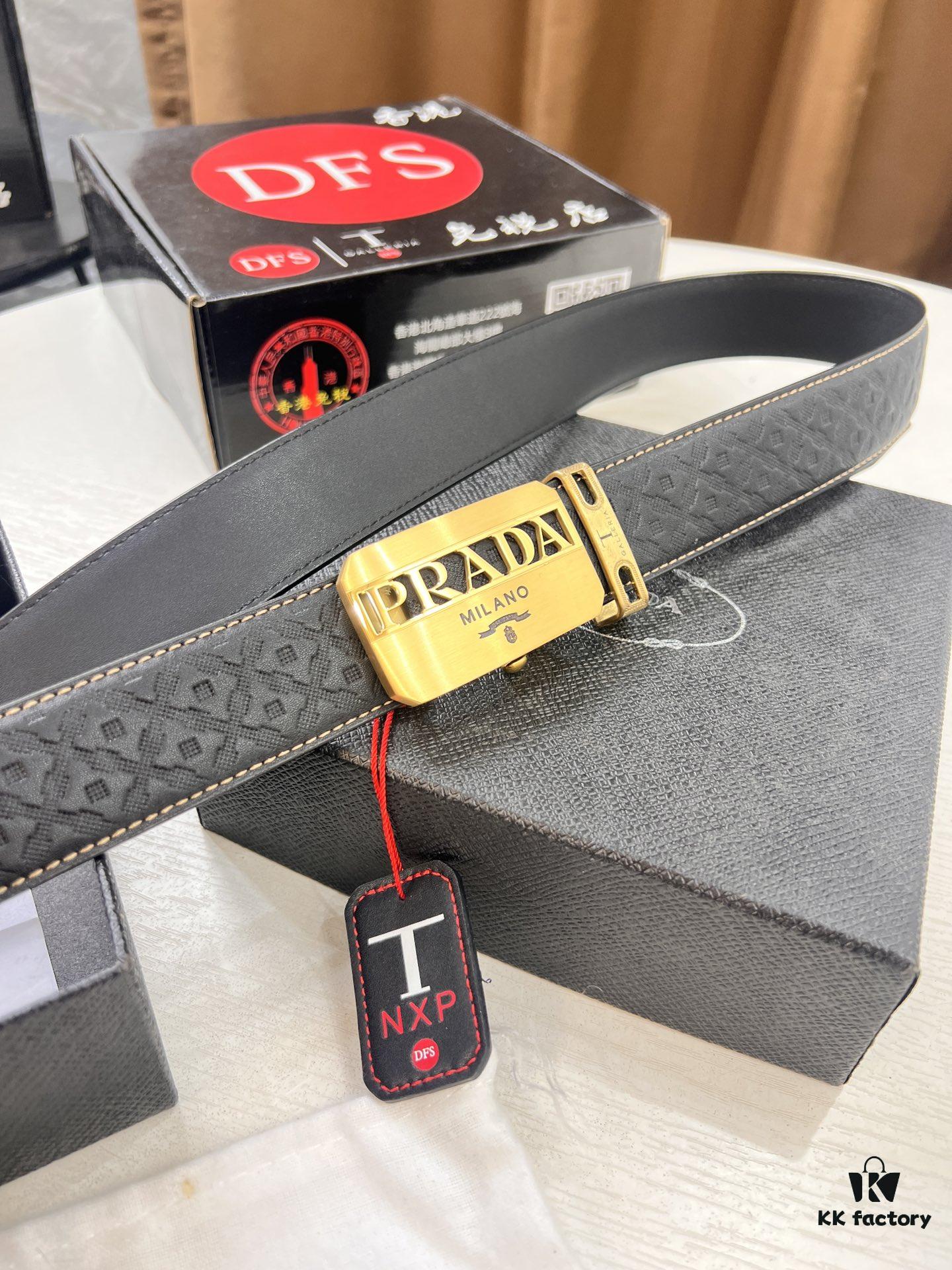 Prada Automatic Buckle Belt, Premium Top-Grain Imported Calfskin with Basketball Texture, 3.5 cm Width, Automatic Slide Track Closure, Polished Black Rubber-Coated Stainless Steel Hardware