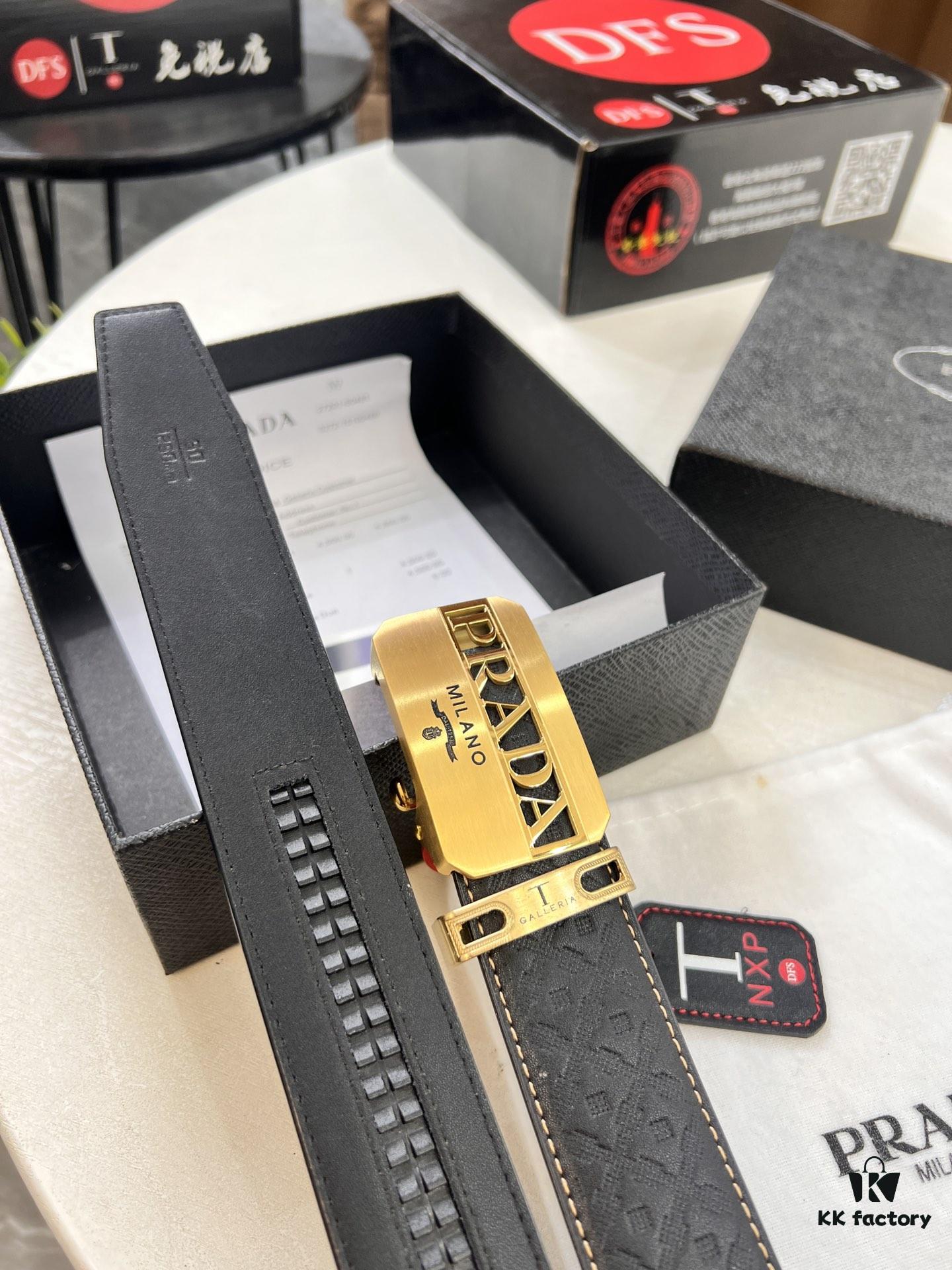 Prada Automatic Buckle Belt, Premium Top-Grain Imported Calfskin with Basketball Texture, 3.5 cm Width, Automatic Slide Track Closure, Polished Black Rubber-Coated Stainless Steel Hardware