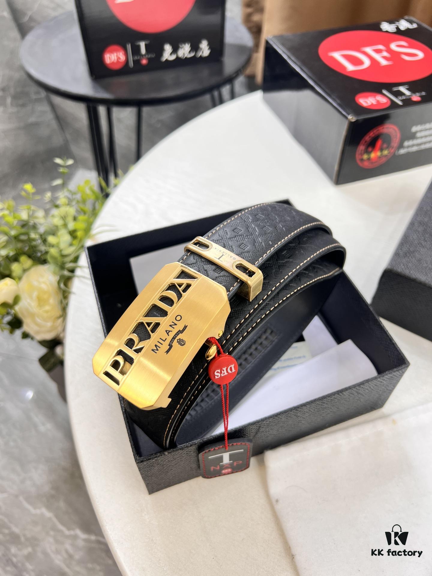Prada Automatic Buckle Belt, Premium Top-Grain Imported Calfskin with Basketball Texture, 3.5 cm Width, Automatic Slide Track Closure, Polished Black Rubber-Coated Stainless Steel Hardware