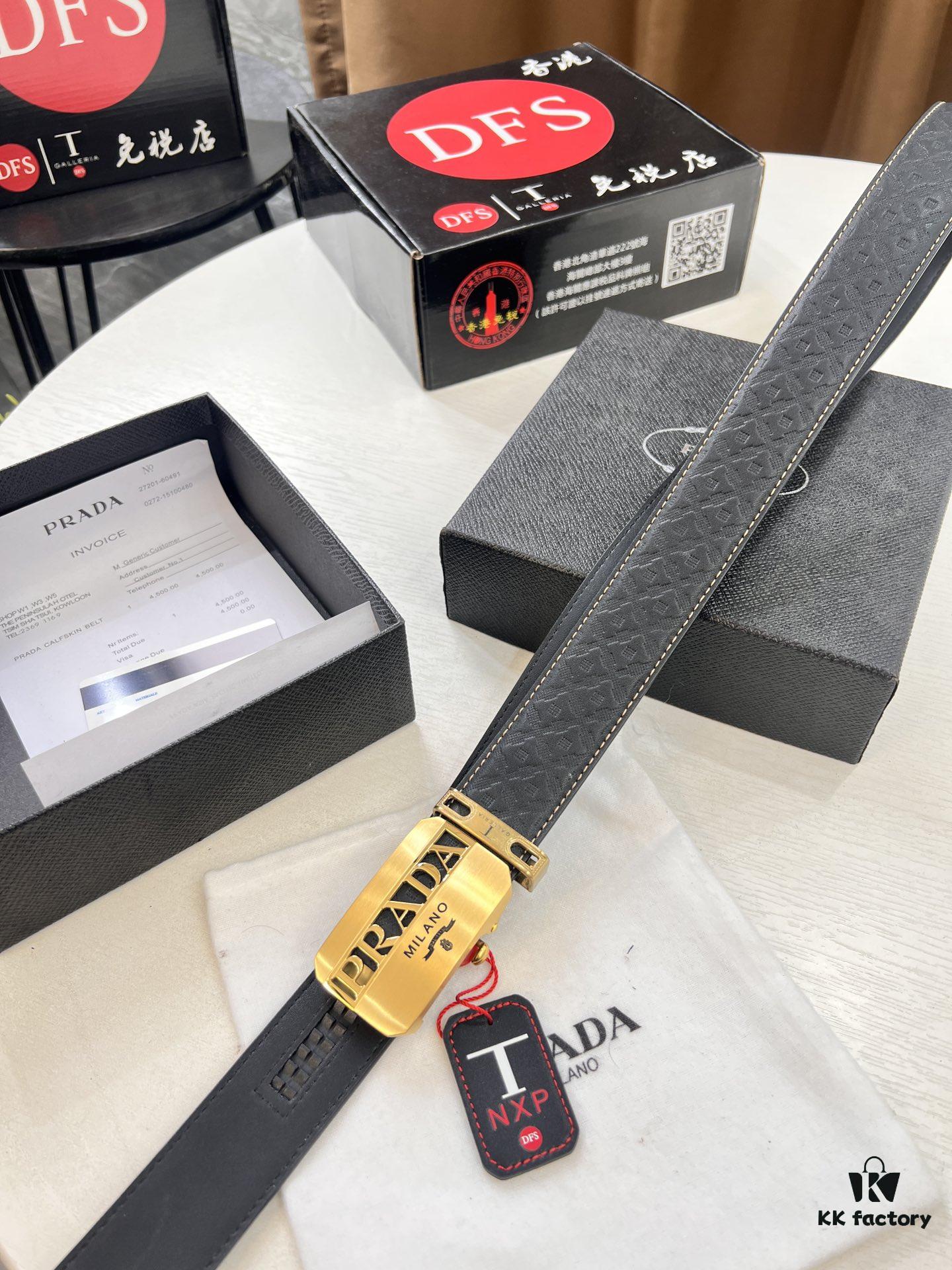 Prada Automatic Buckle Belt, Premium Top-Grain Imported Calfskin with Basketball Texture, 3.5 cm Width, Automatic Slide Track Closure, Polished Black Rubber-Coated Stainless Steel Hardware