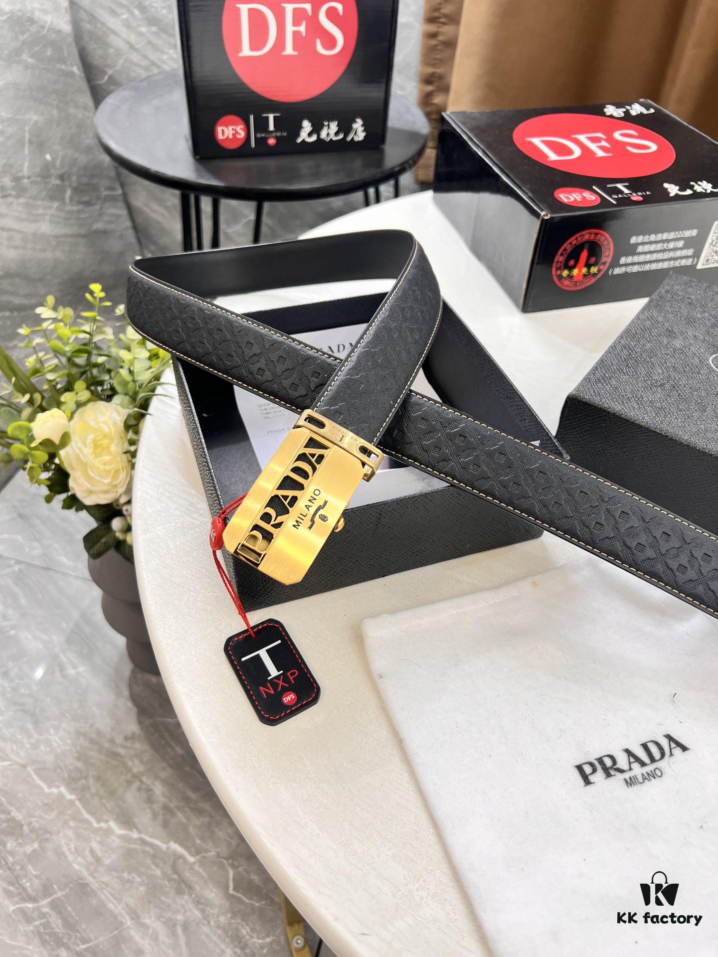 Prada Automatic Buckle Belt, Premium Top-Grain Imported Calfskin with Basketball Texture, 3.5 cm Width, Automatic Slide Track Closure, Polished Black Rubber-Coated Stainless Steel Hardware