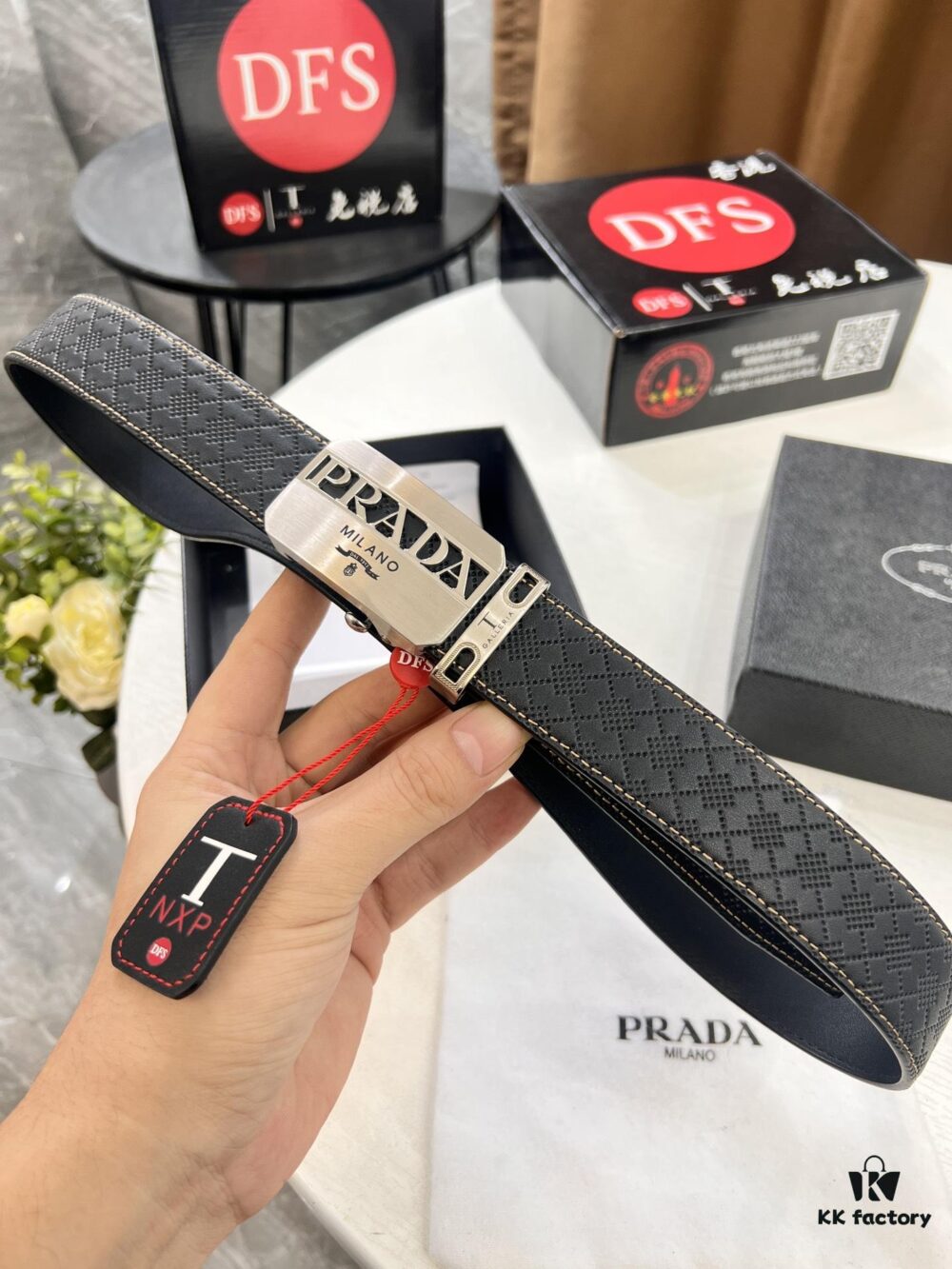 Prada Automatic Buckle Belt, Premium Top-Grain Imported Calfskin with Basketball Texture, 3.5cm Width, Smooth Slide Mechanism, Polished Black Rubber Automatic Stainless Steel Hardware