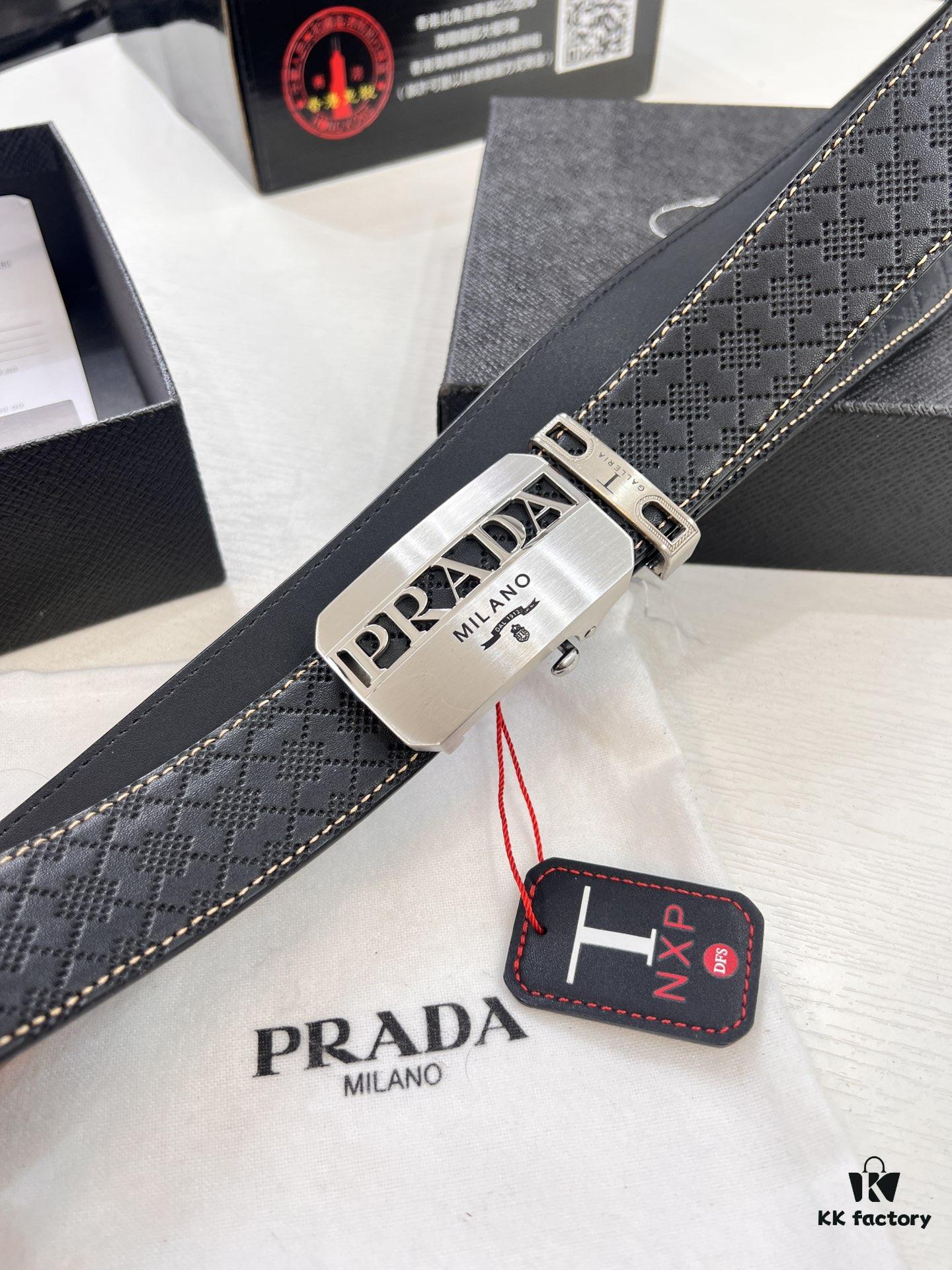 Prada Automatic Buckle Leather Belt, Custom Cowhide, Top-Quality Business Formal Belt with Smooth Slide Mechanism