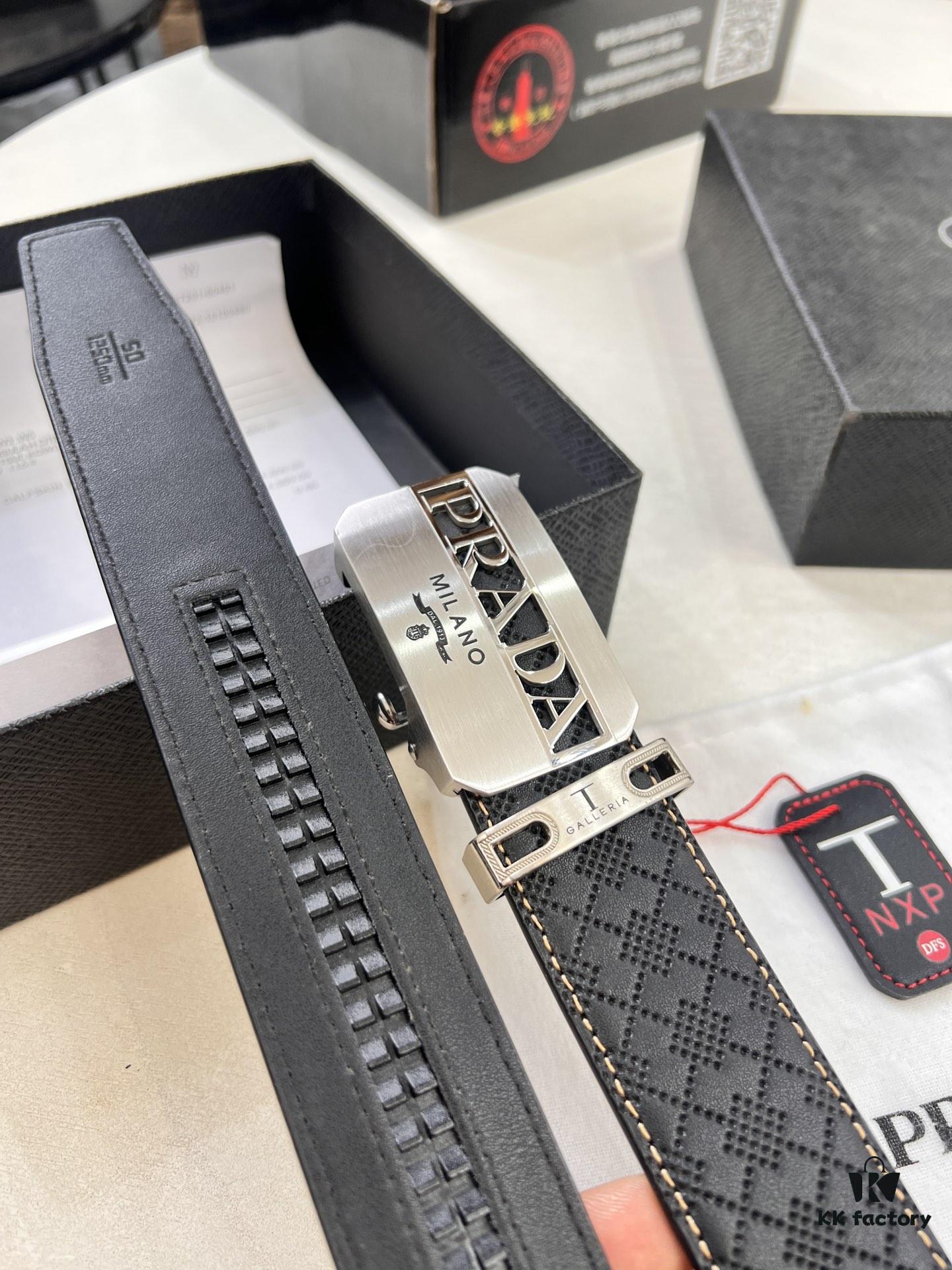 Prada Automatic Buckle Leather Belt, Custom Cowhide, Top-Quality Business Formal Belt with Smooth Slide Mechanism