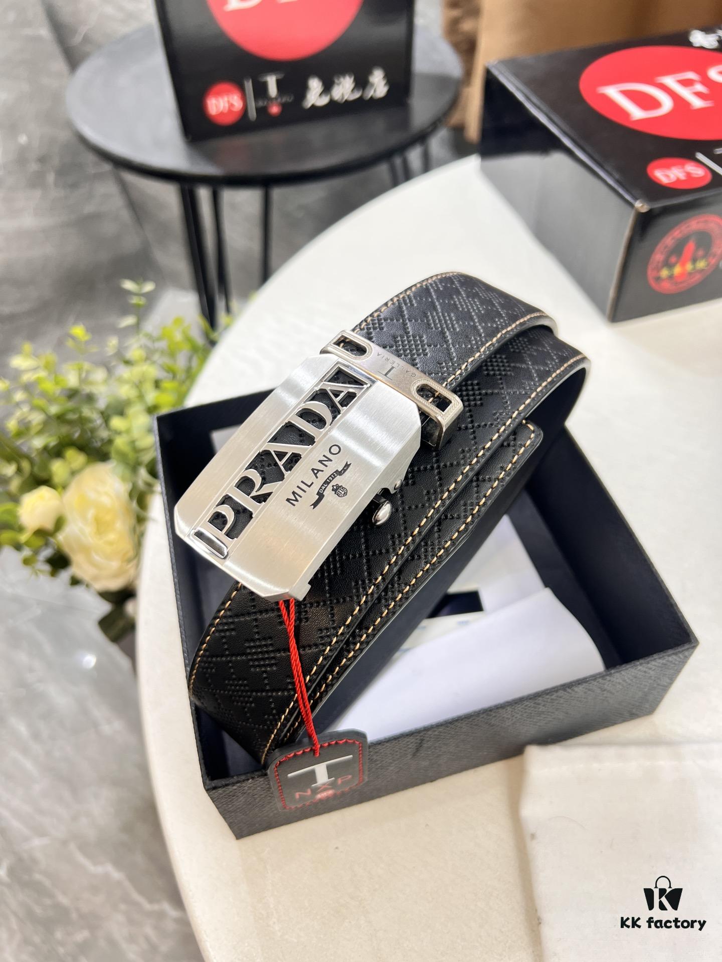Prada Automatic Buckle Leather Belt, Custom Cowhide, Top-Quality Business Formal Belt with Smooth Slide Mechanism