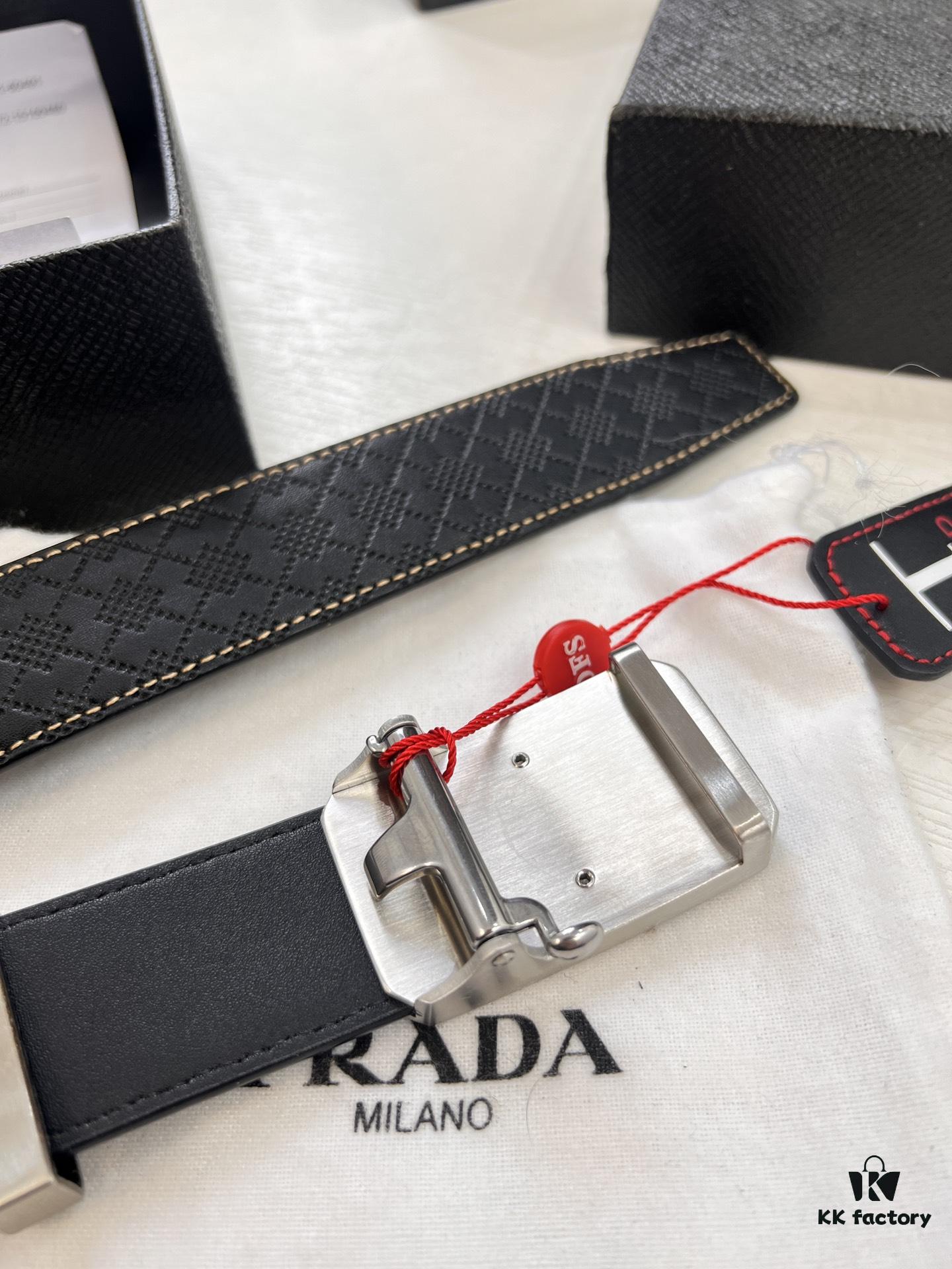 Prada Automatic Buckle Leather Belt, Custom Cowhide, Top-Quality Business Formal Belt with Smooth Slide Mechanism