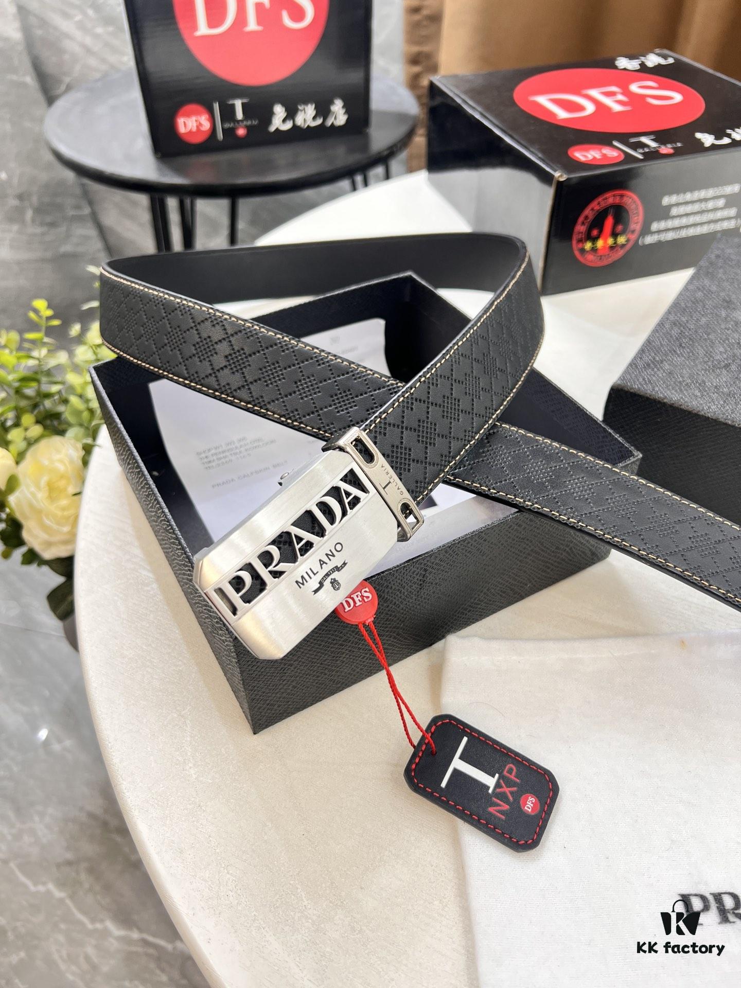 Prada Automatic Buckle Leather Belt, Custom Cowhide, Top-Quality Business Formal Belt with Smooth Slide Mechanism