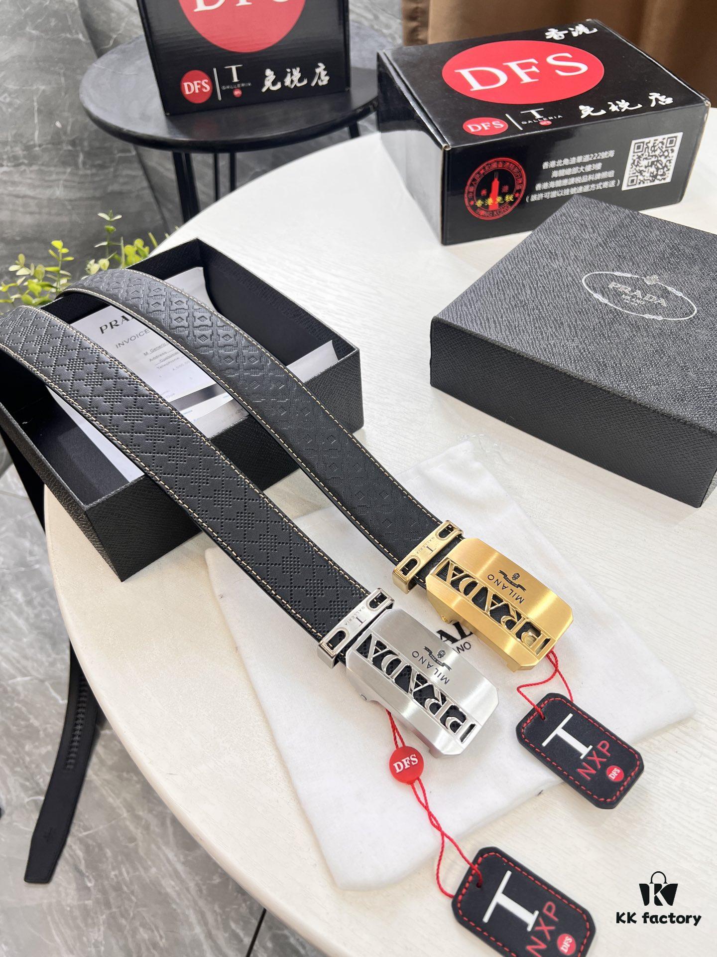 Prada Automatic Buckle Leather Belt, Custom Cowhide, Top-Quality Business Formal Belt with Smooth Slide Mechanism