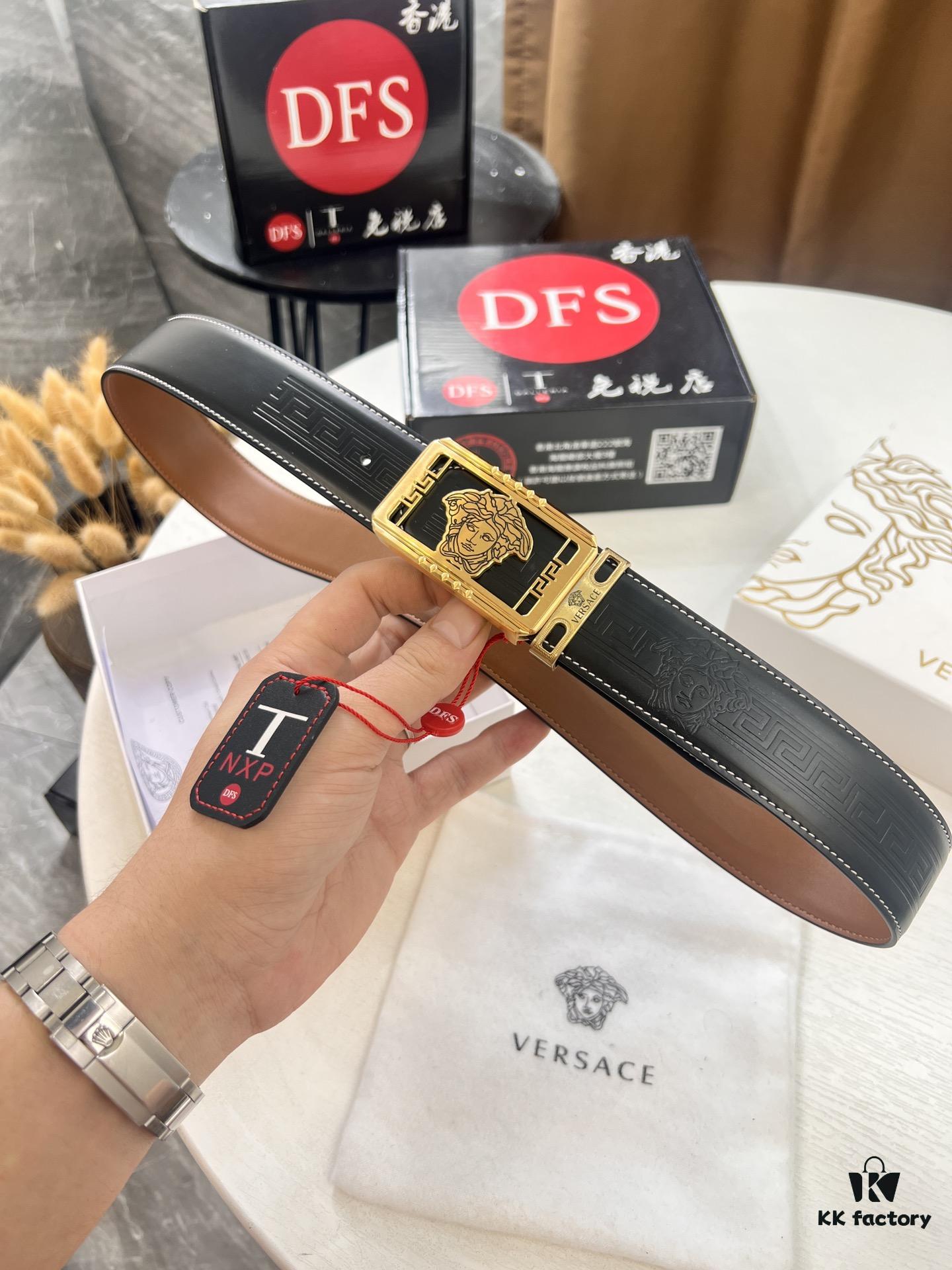 Versace New Style Genuine Leather Belt with Medusa Embossed Full-Grain Leather, 3.8cm Width, Reversible Design, Soft Touch, Stainless Steel Hardware, Authentic Luxury Brand Fashion Accessory