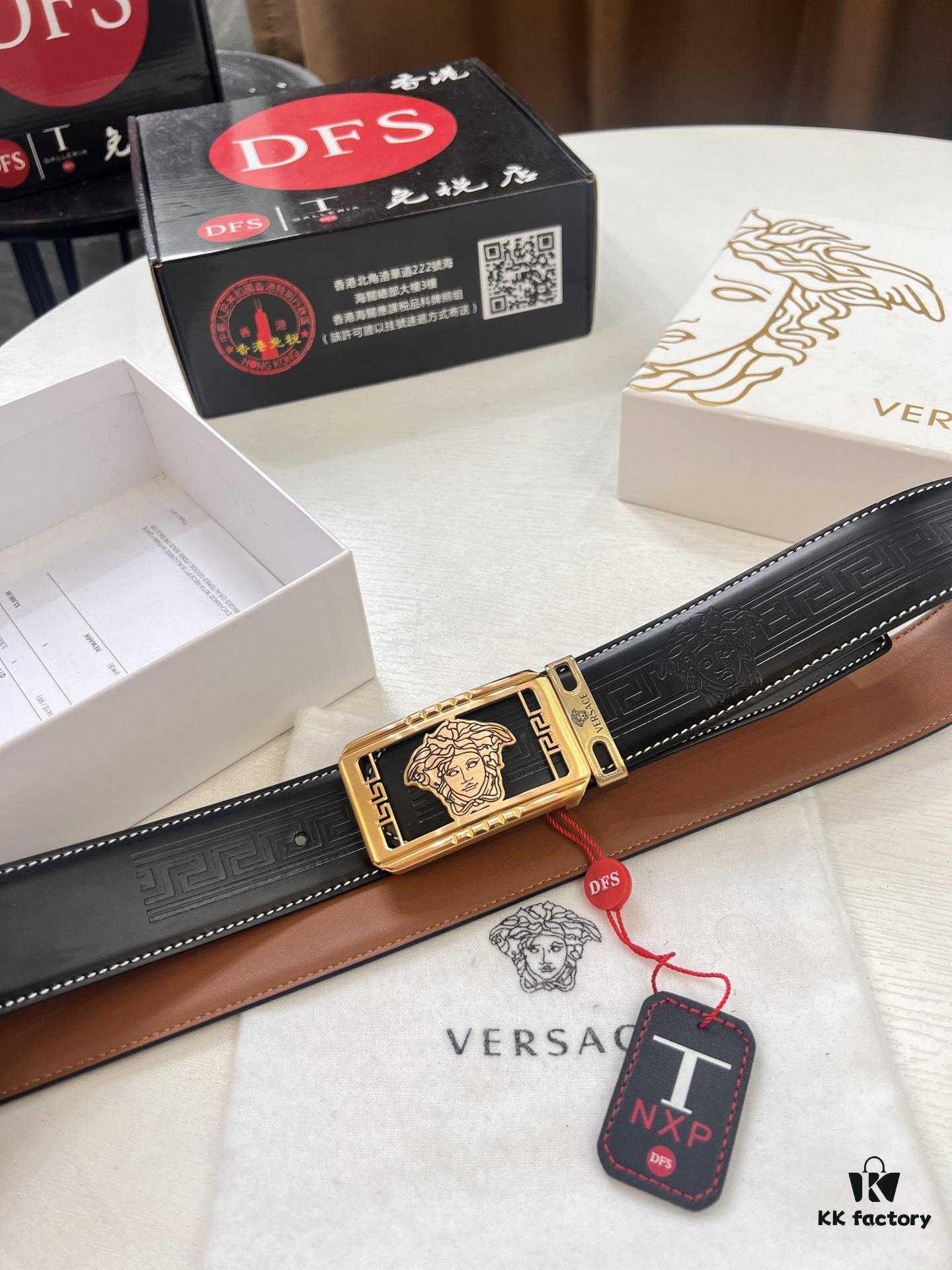 Versace New Style Genuine Leather Belt with Medusa Embossed Full-Grain Leather, 3.8cm Width, Reversible Design, Soft Touch, Stainless Steel Hardware, Authentic Luxury Brand Fashion Accessory