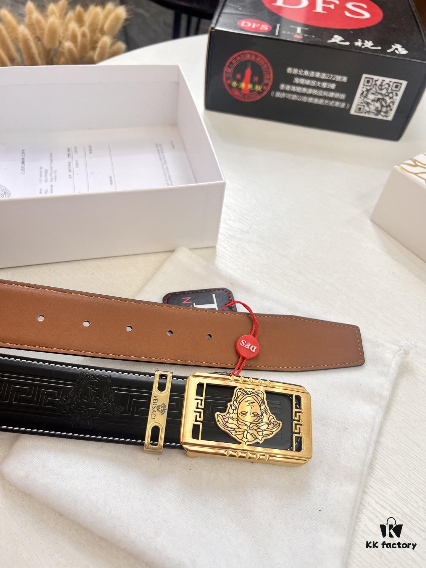 Versace New Style Genuine Leather Belt with Medusa Embossed Full-Grain Leather, 3.8cm Width, Reversible Design, Soft Touch, Stainless Steel Hardware, Authentic Luxury Brand Fashion Accessory