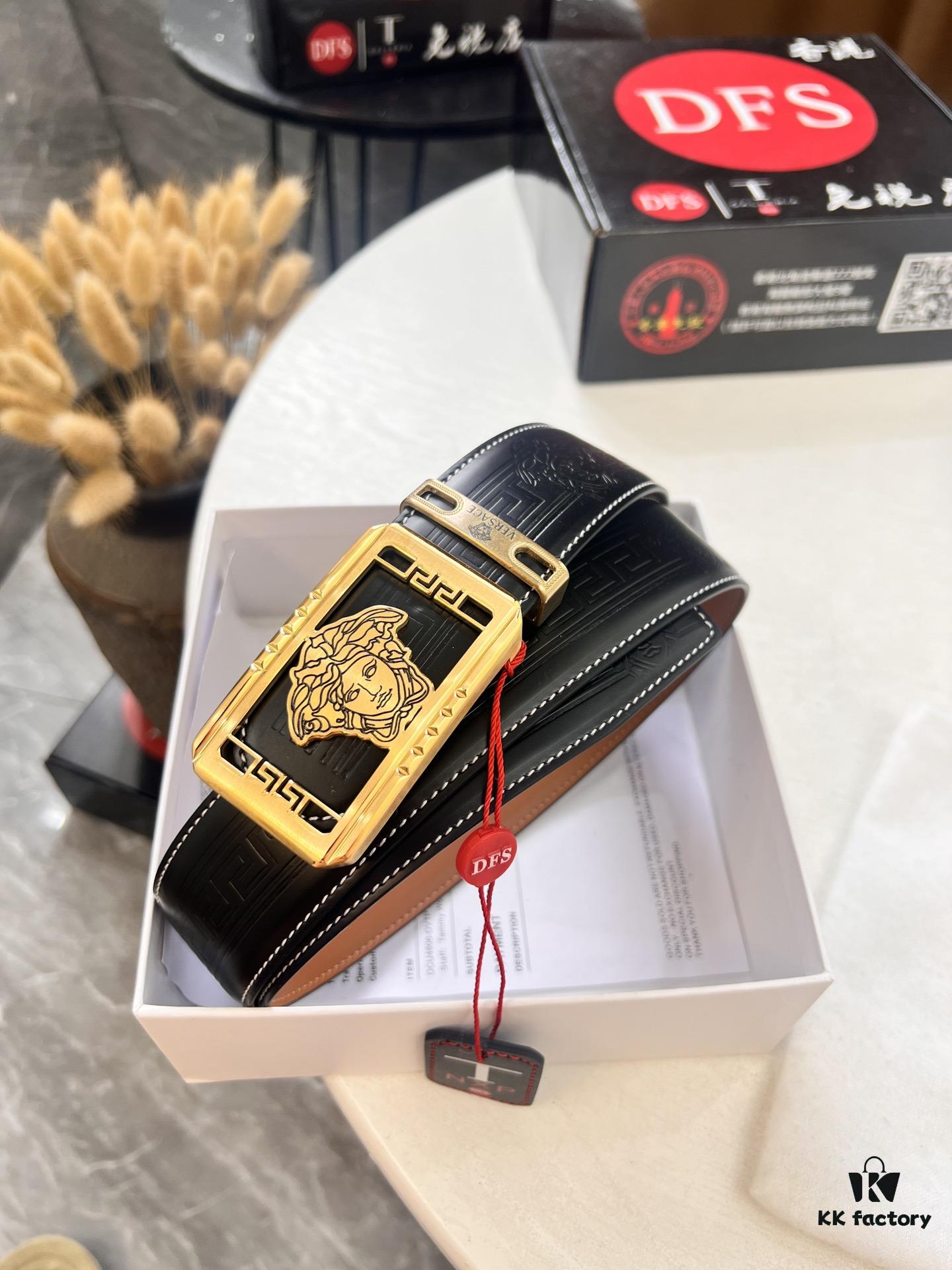 Versace New Style Genuine Leather Belt with Medusa Embossed Full-Grain Leather, 3.8cm Width, Reversible Design, Soft Touch, Stainless Steel Hardware, Authentic Luxury Brand Fashion Accessory