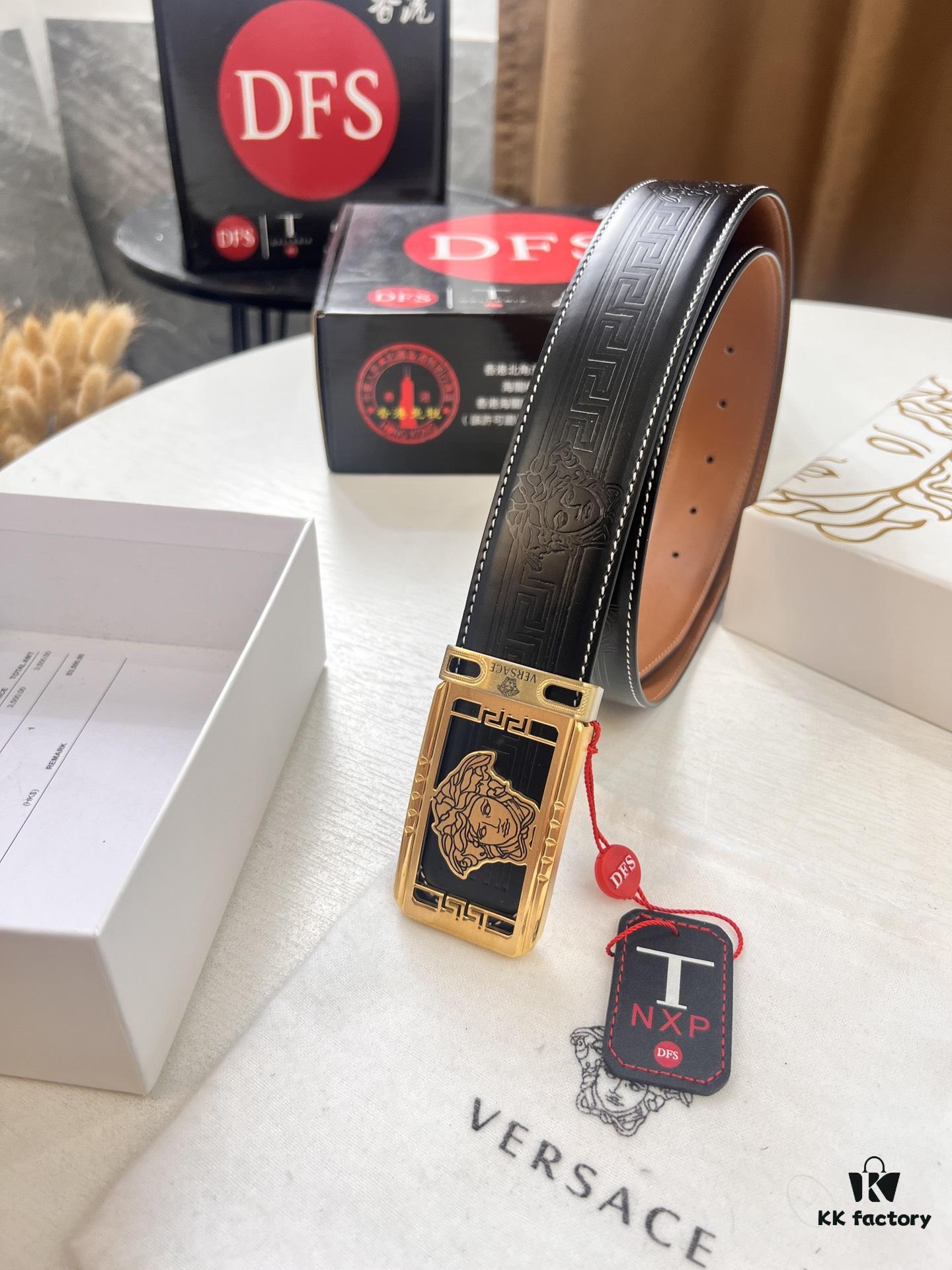 Versace New Style Genuine Leather Belt with Medusa Embossed Full-Grain Leather, 3.8cm Width, Reversible Design, Soft Touch, Stainless Steel Hardware, Authentic Luxury Brand Fashion Accessory