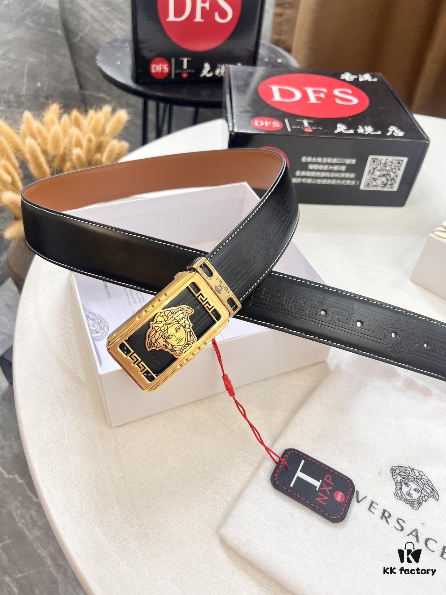 Versace New Style Genuine Leather Belt with Medusa Embossed Full-Grain Leather, 3.8cm Width, Reversible Design, Soft Touch, Stainless Steel Hardware, Authentic Luxury Brand Fashion Accessory