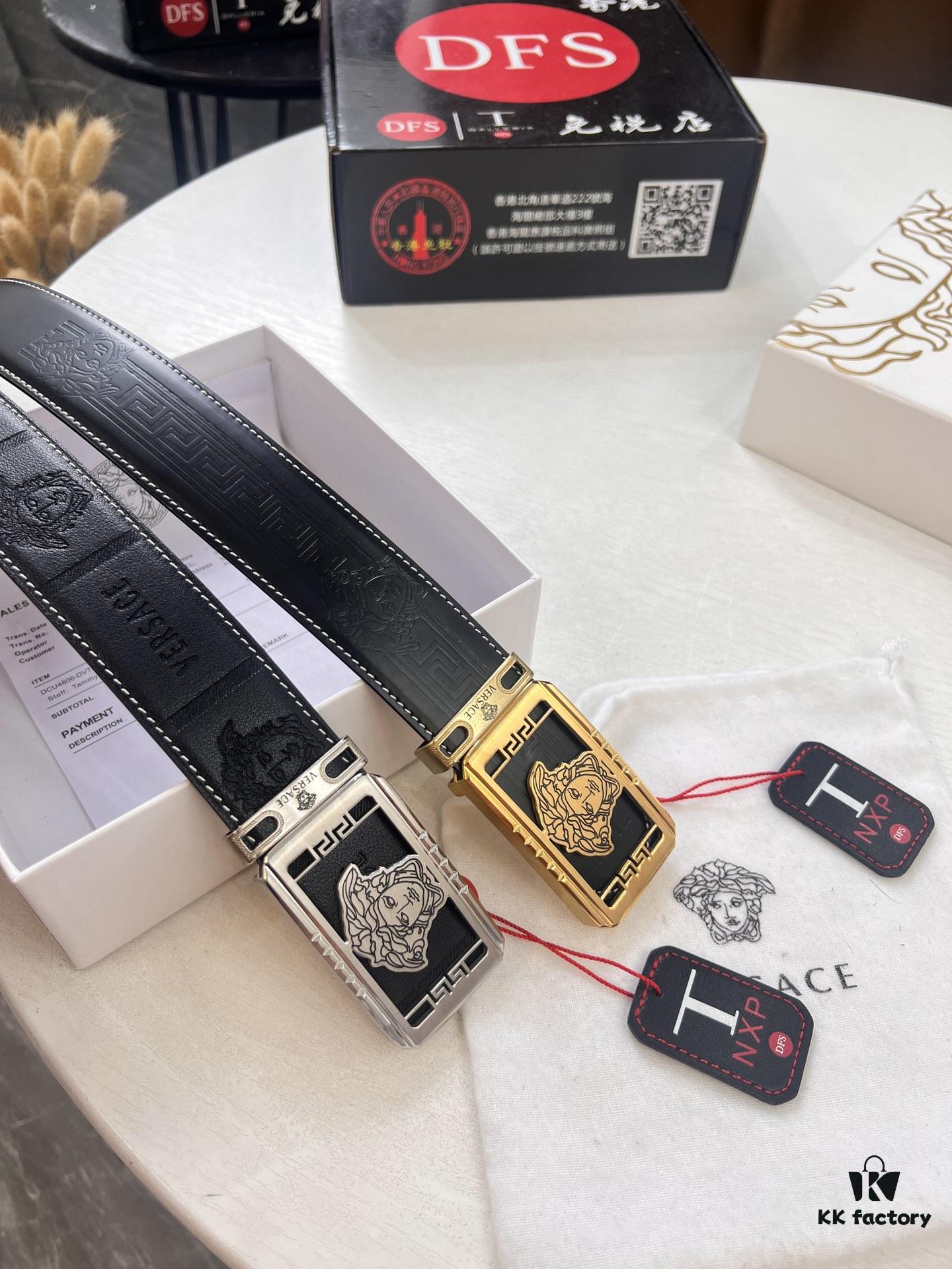 Versace New Style Genuine Leather Belt with Medusa Embossed Full-Grain Leather, 3.8cm Width, Reversible Design, Soft Touch, Stainless Steel Hardware, Authentic Luxury Brand Fashion Accessory