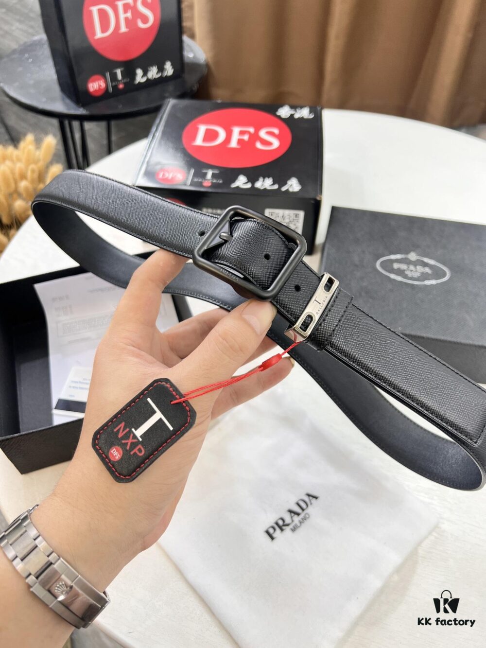 Prada Men's Belt, Genuine Imported Cowhide with ZP-Molded Buckle, 3.5 cm Width, Dual Color, Cross-Grain Leather