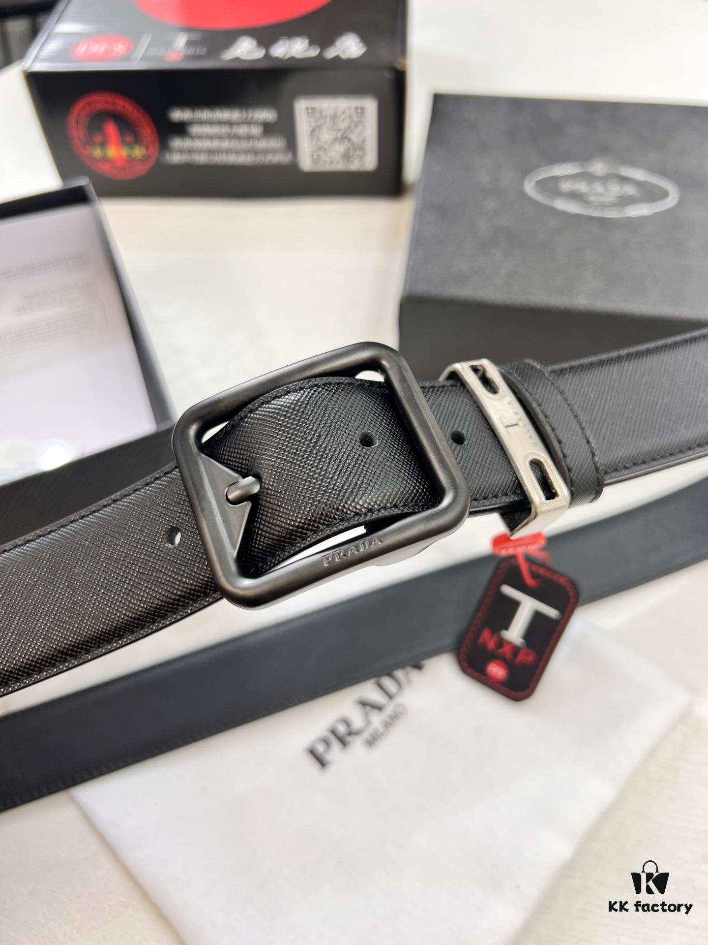 Prada Men's Belt, Genuine Imported Cowhide with ZP-Molded Buckle, 3.5 cm Width, Dual Color, Cross-Grain Leather