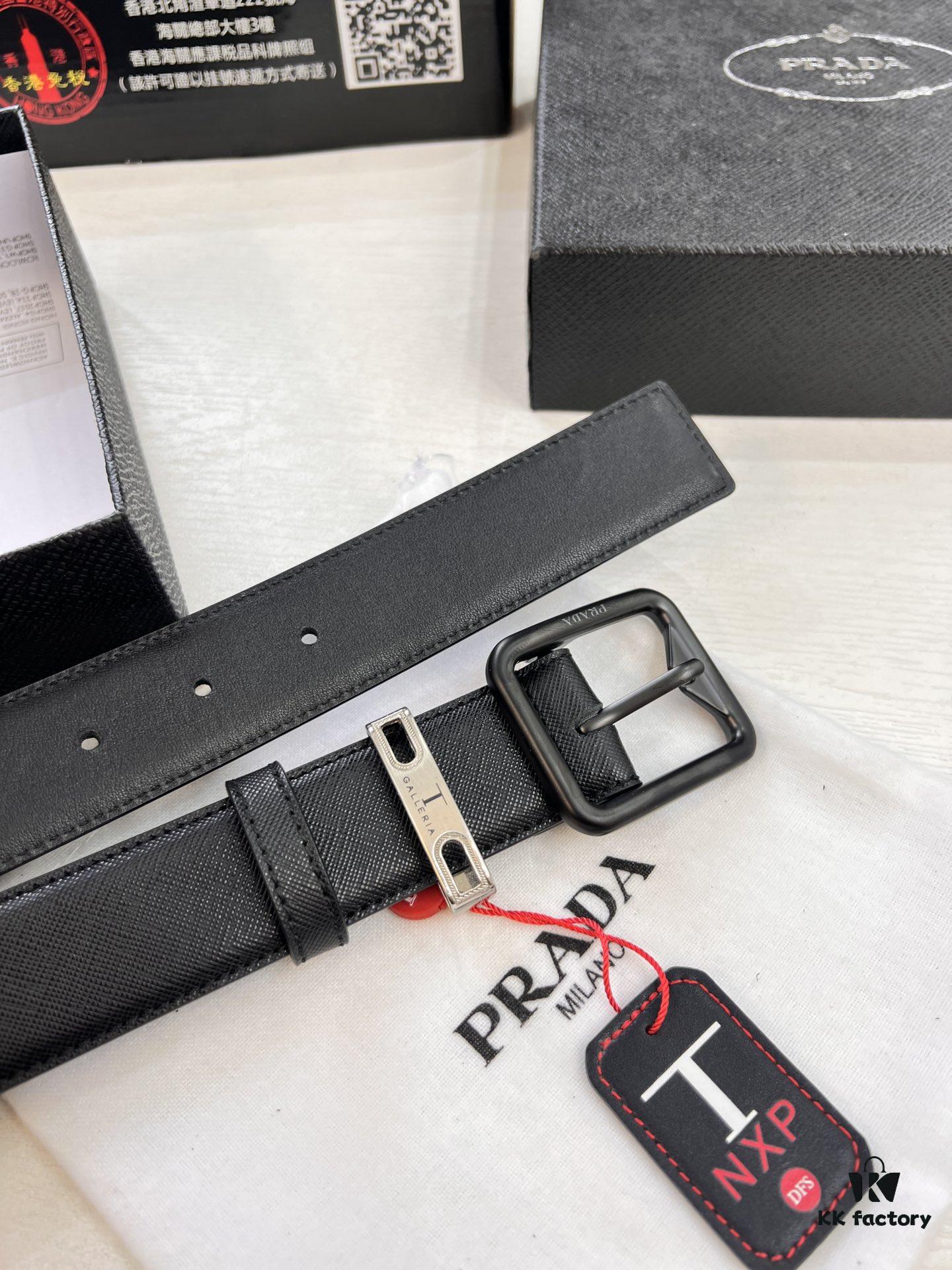 Prada Men's Belt, Genuine Imported Cowhide with ZP-Molded Buckle, 3.5 cm Width, Dual Color, Cross-Grain Leather