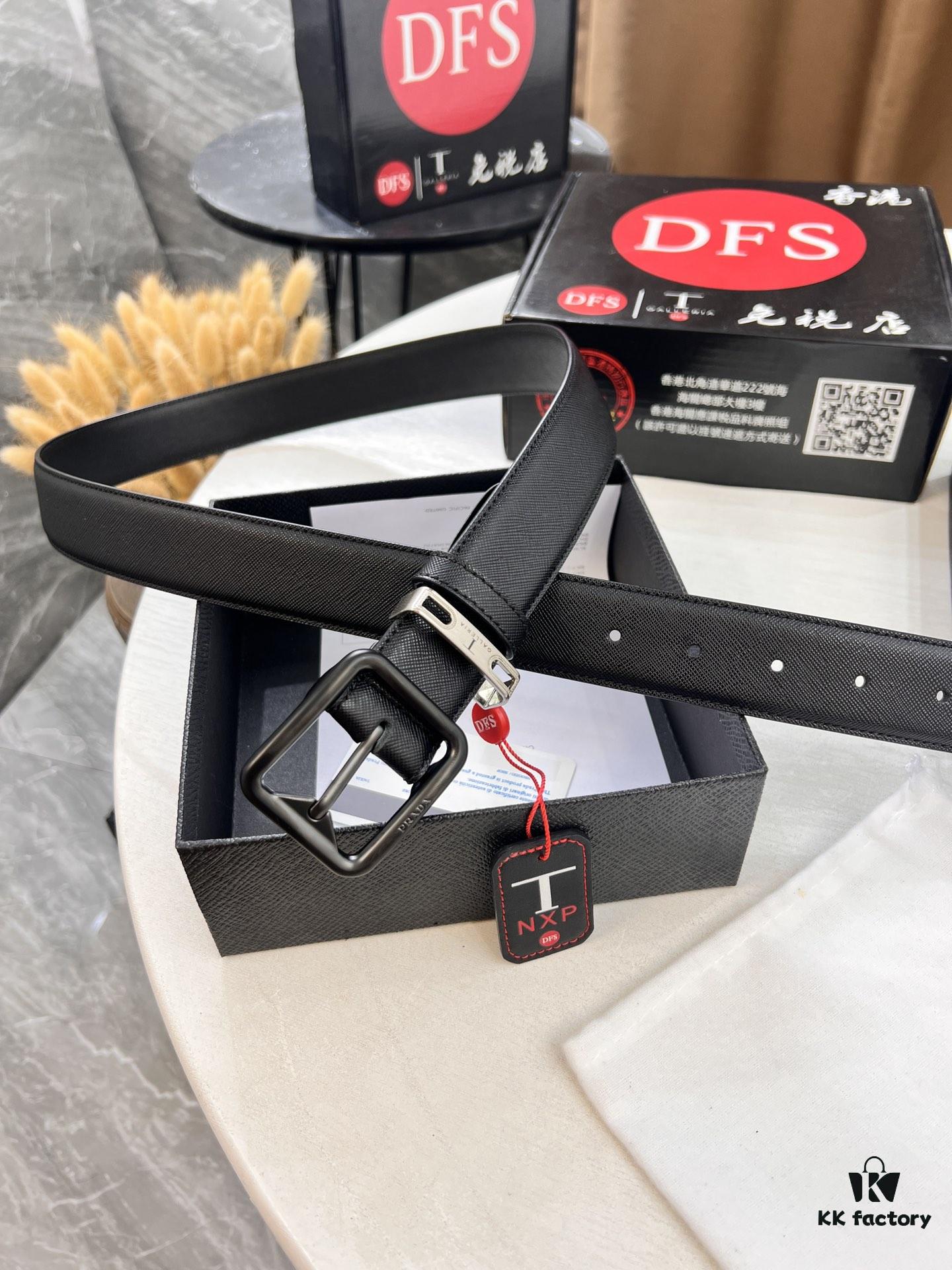 Prada Men's Belt, Genuine Imported Cowhide with ZP-Molded Buckle, 3.5 cm Width, Dual Color, Cross-Grain Leather