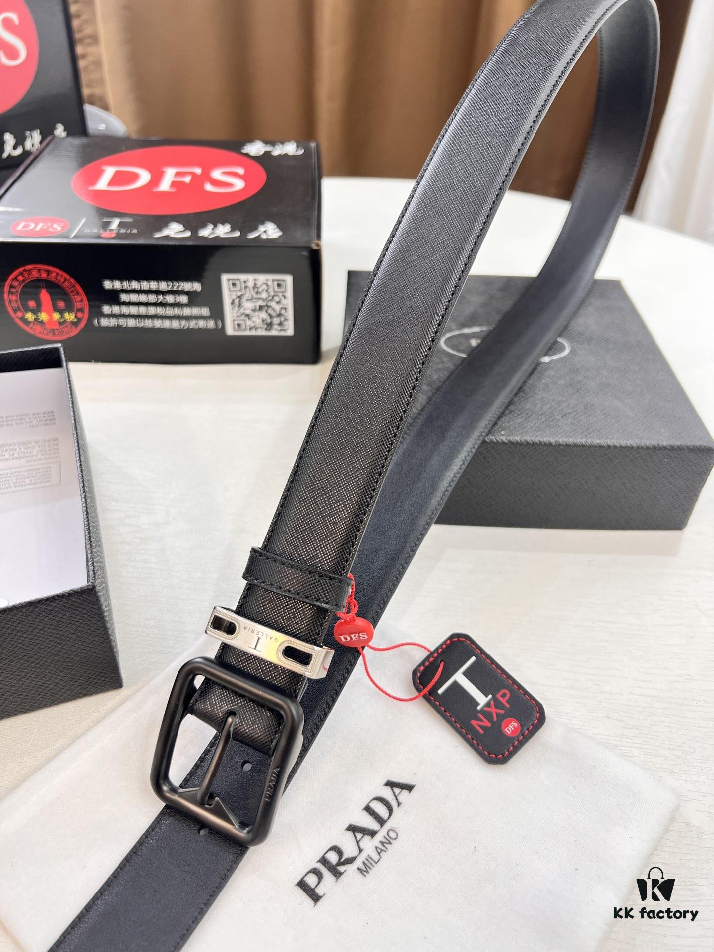 Prada Men's Belt, Genuine Imported Cowhide with ZP-Molded Buckle, 3.5 cm Width, Dual Color, Cross-Grain Leather