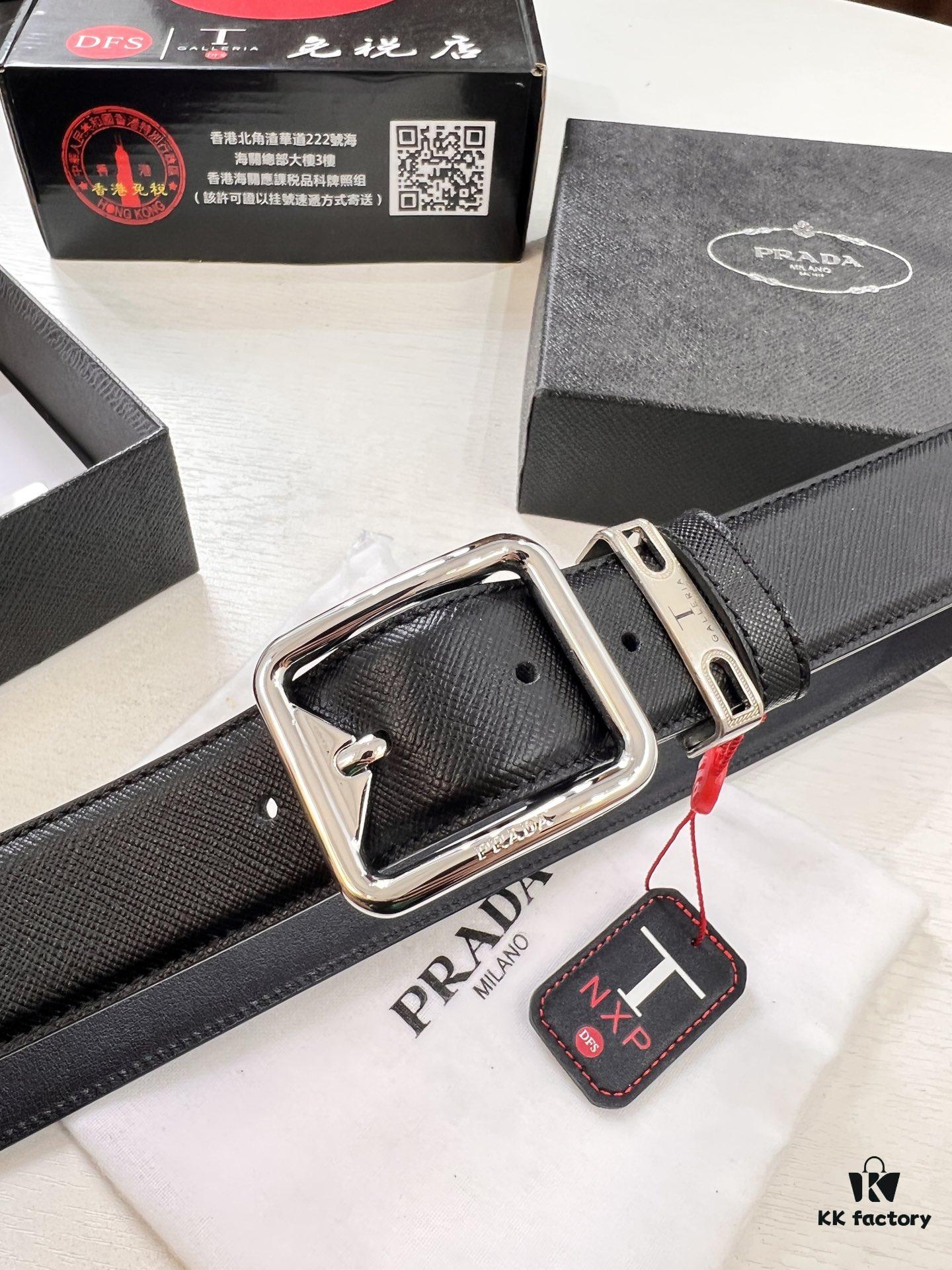 Prada Men's Belt, Genuine Imported Cowhide with ZP Molded Pin Buckle, 3.5 cm Width, Dual Color, Cross-Grain Leather