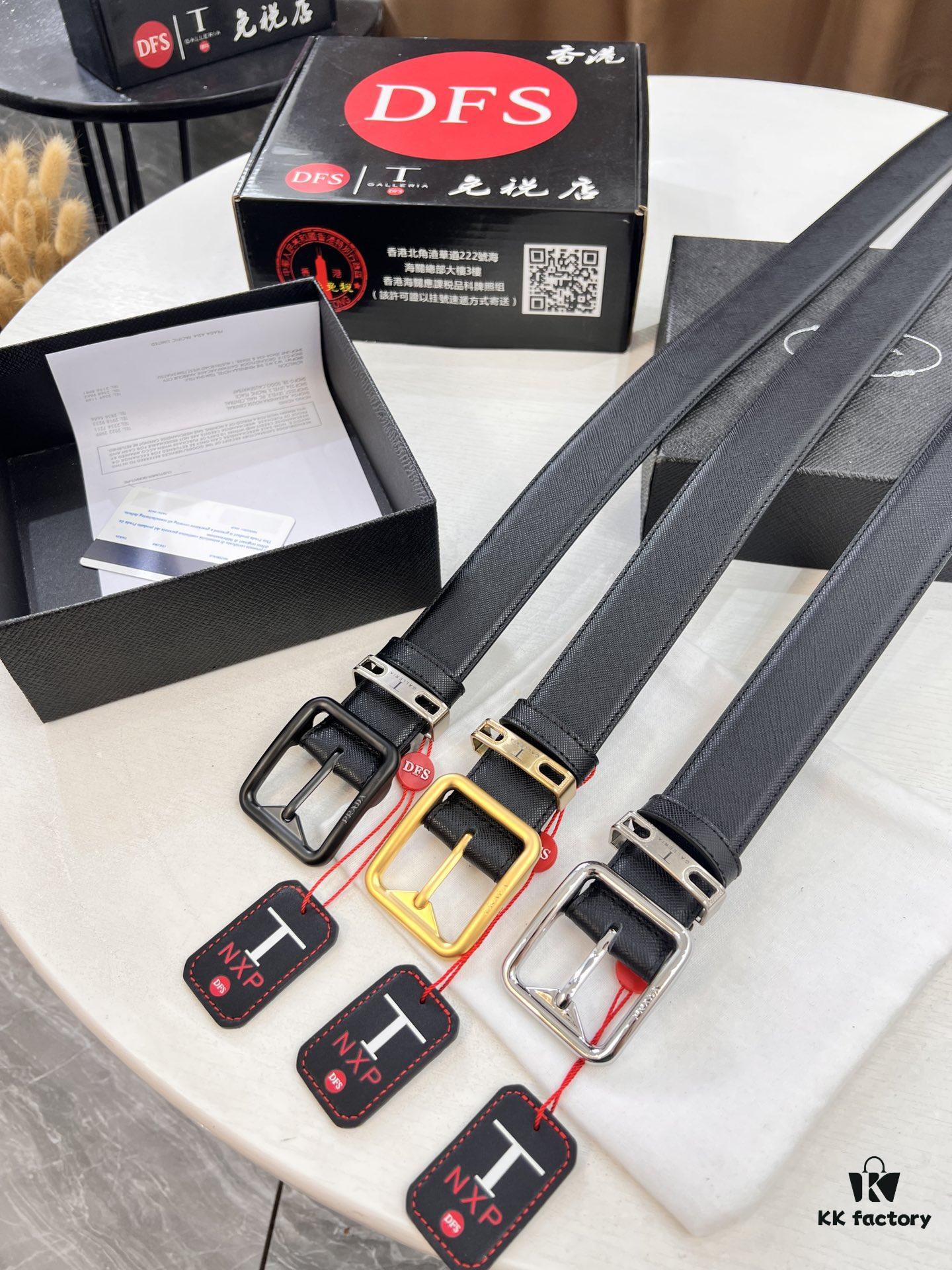 Prada Men's Belt, Genuine Imported Cowhide with ZP Molded Pin Buckle, 3.5 cm Width, Dual Color, Cross-Grain Leather