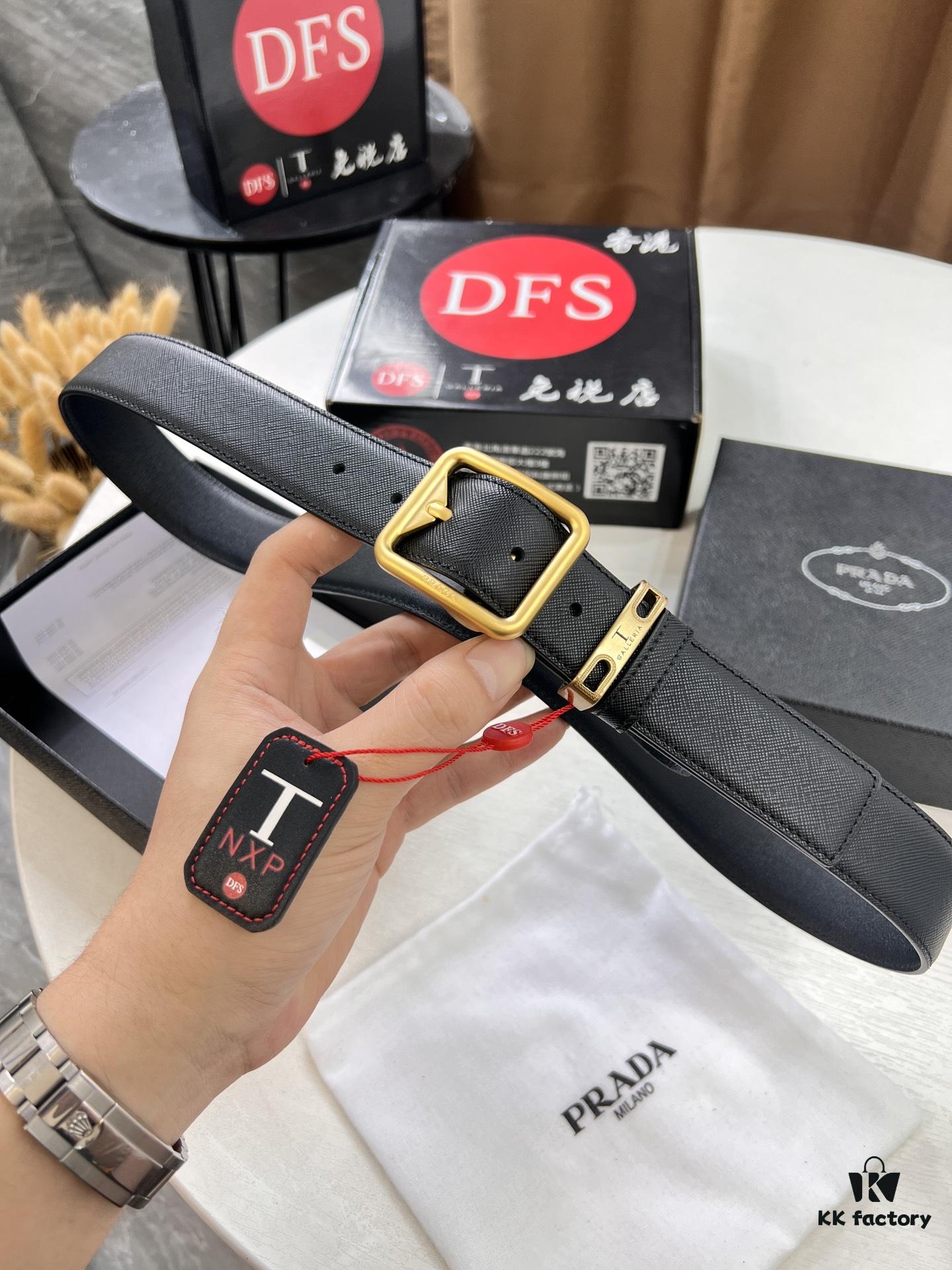 Prada Men's Belt, Genuine Imported Cowhide with Cross-Grain Texture, Dual Color, 3.5 cm Width, ZP Mold-Made Buckle Hardware